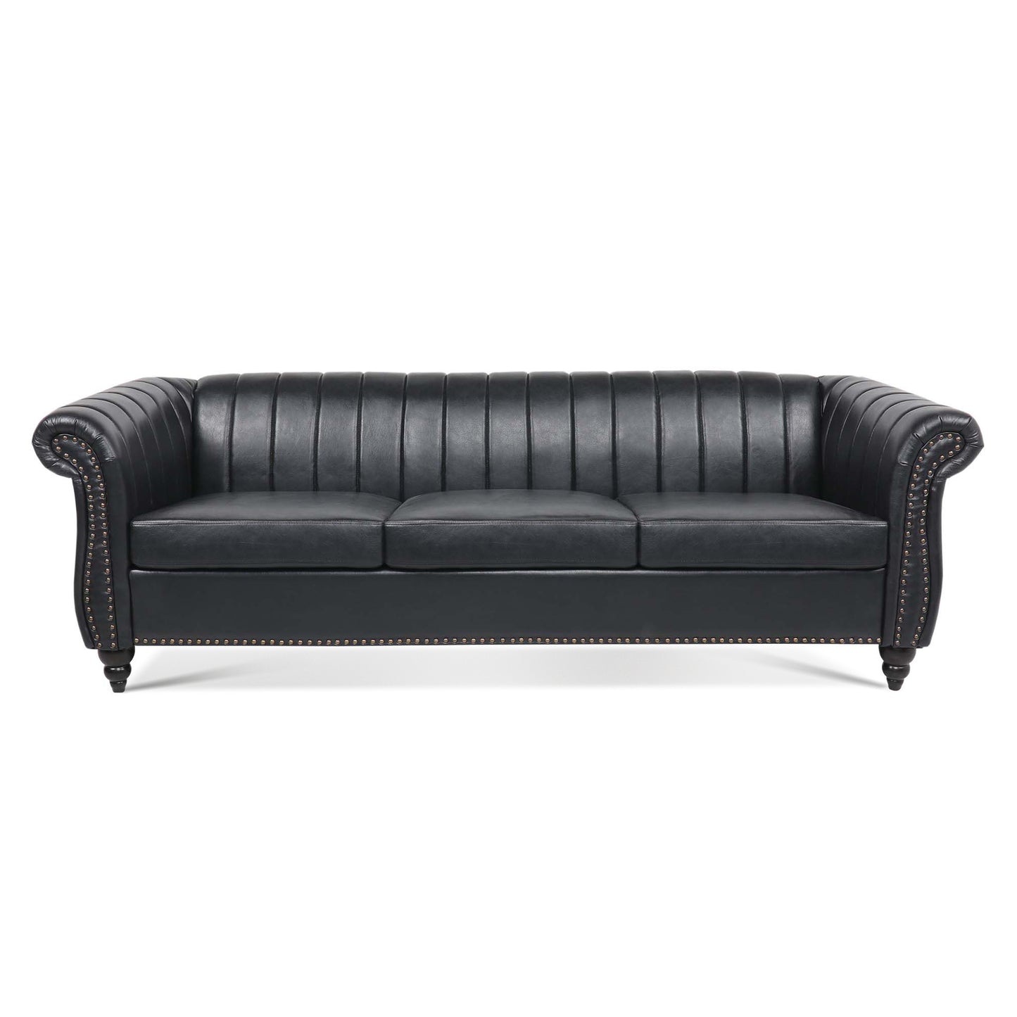 Elegant Black PU Rolled Arm Chesterfield Three-Seater Sofa, 83.46