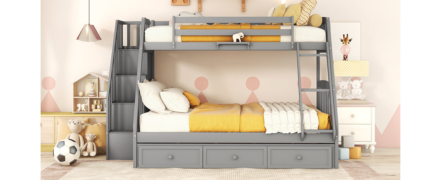 Gray Twin-Over-Full Bunk Bed with Storage Staircase, Ladder, and Drawers