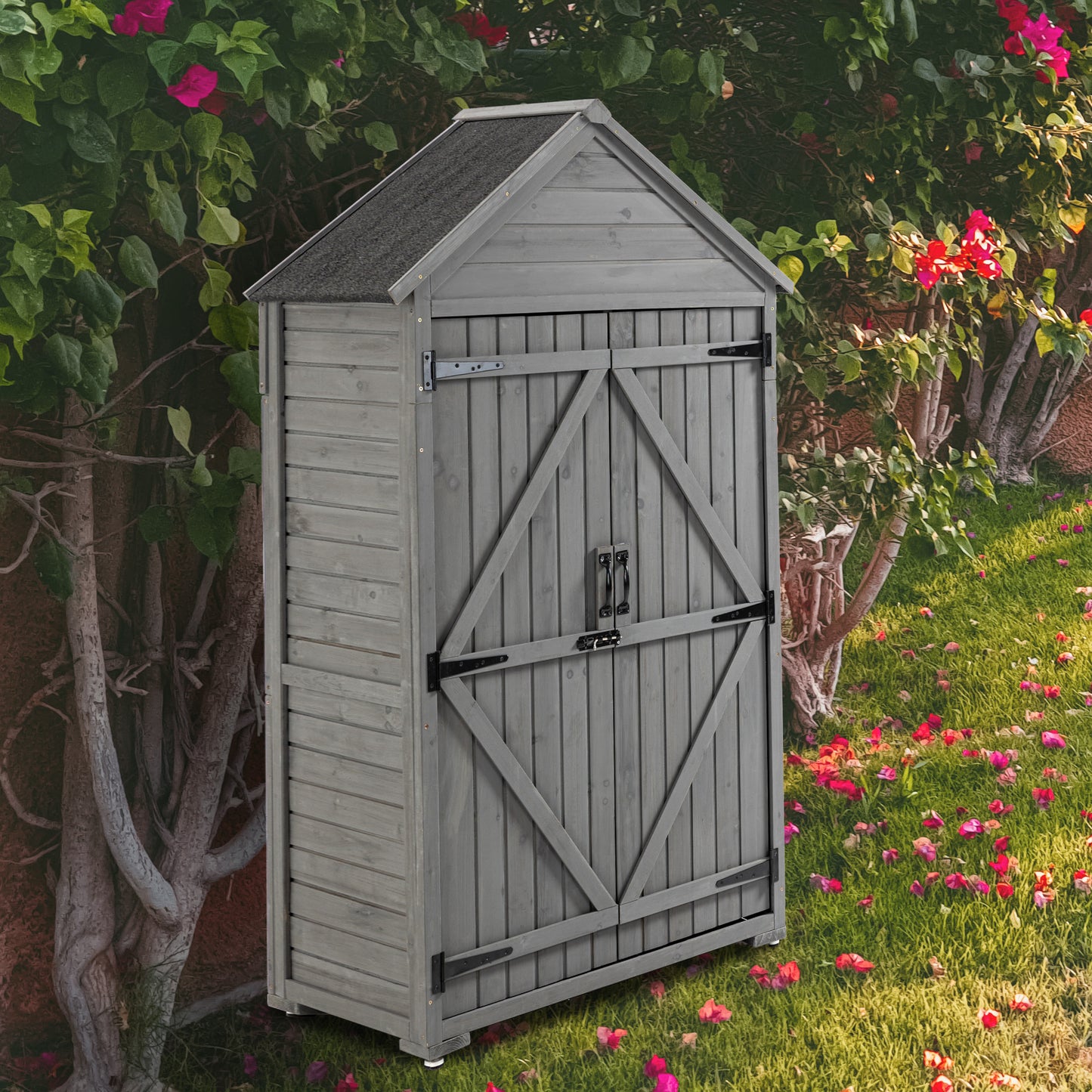 Outdoor Storage Cabinet, Garden Wood Tool Shed, Outside Wooden Shed Closet with Shelves and Latch for Yard 39.56"x 22.04"x 68.89"