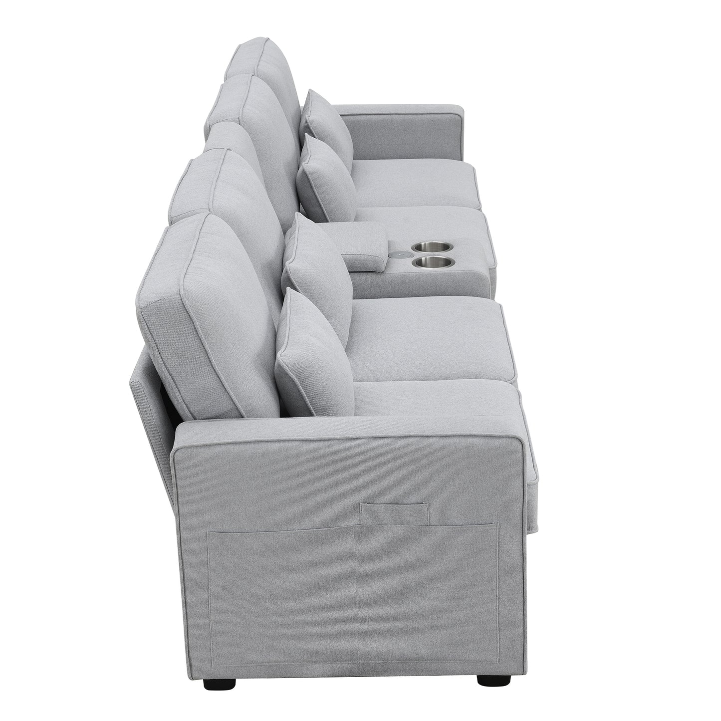 Modern 4-Seat Upholstered Sofa with Console and USB Ports