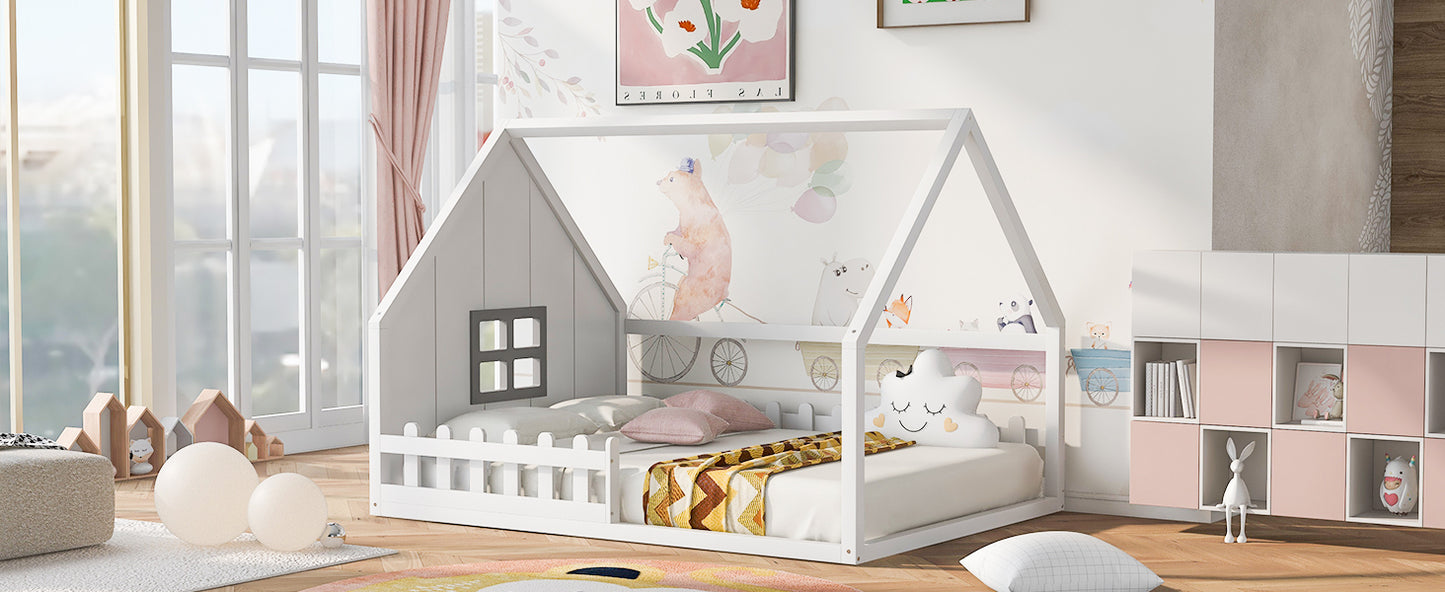 Full Size Wood House Bed with Window and Fence, White