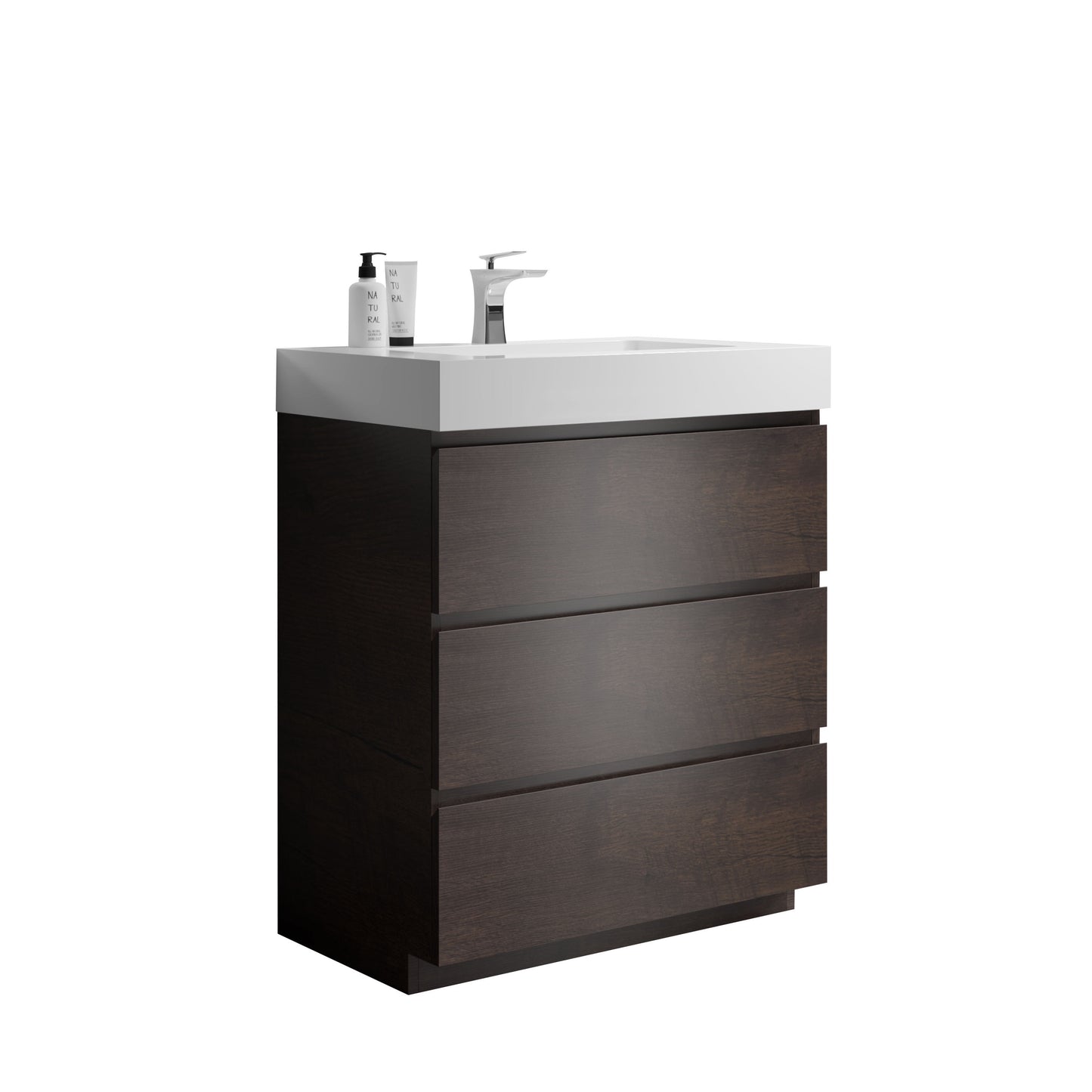 Alice-30F-105,Floor cabinet WITHOUT basin,Walnut color,With three drawers