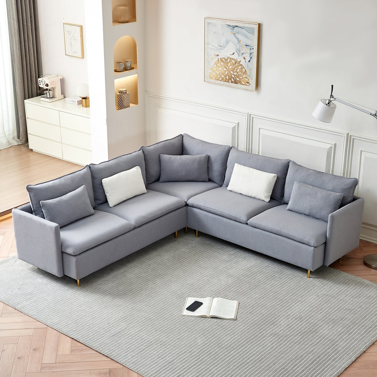 92 Luxurious Gray Modern L-Shaped Teddy Fabric Sectional Sofa with Supportive Waist Pillows for Home and Office