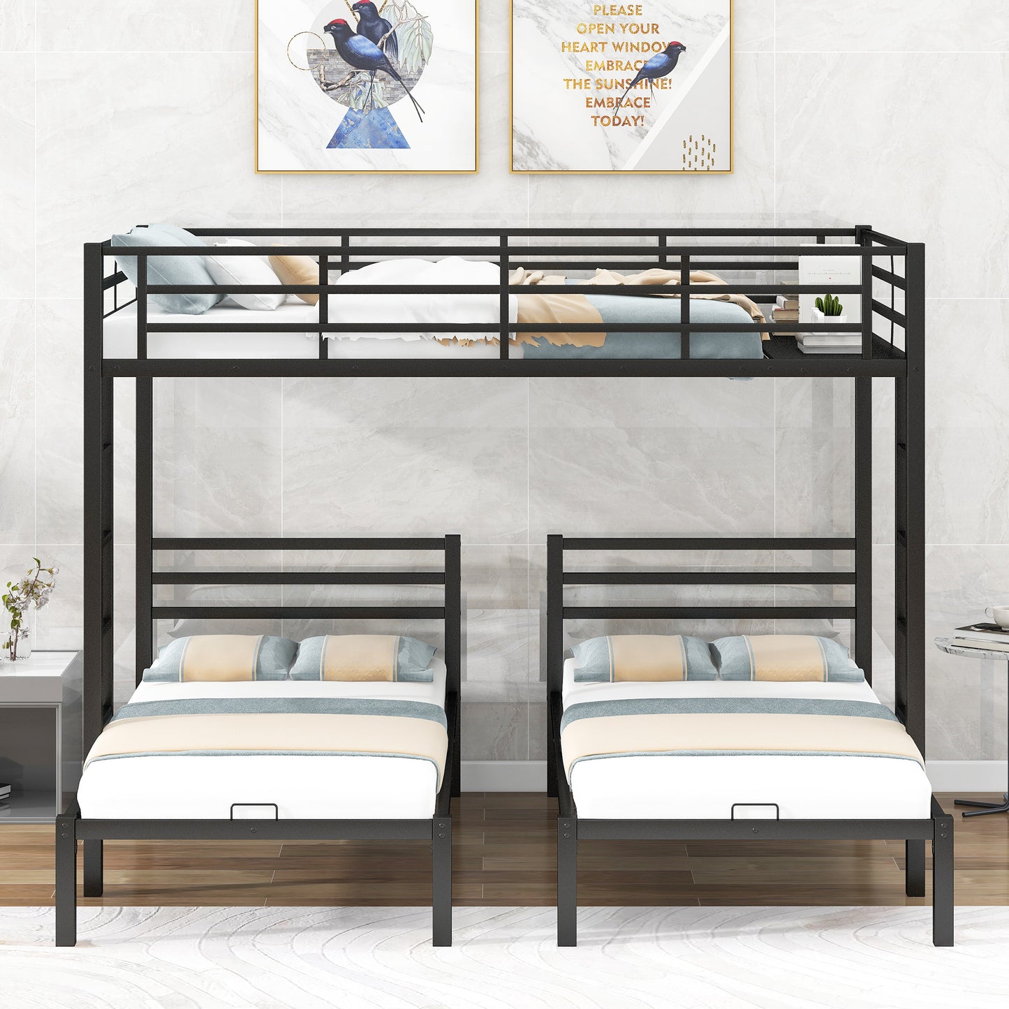 Black Metal Bunk Bed with Built-in Shelf for Twin & Full Size