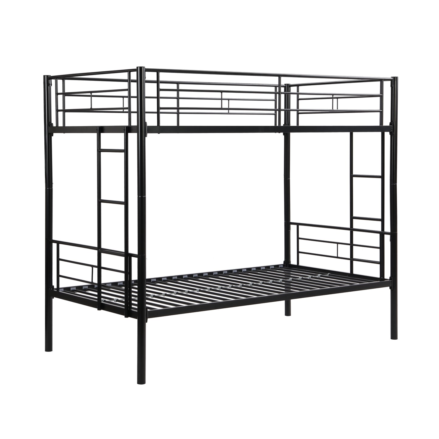 Convertible Twin Over Twin Metal Bunk Bed with 2 Ladders, Guardrail, and Storage Space in Black