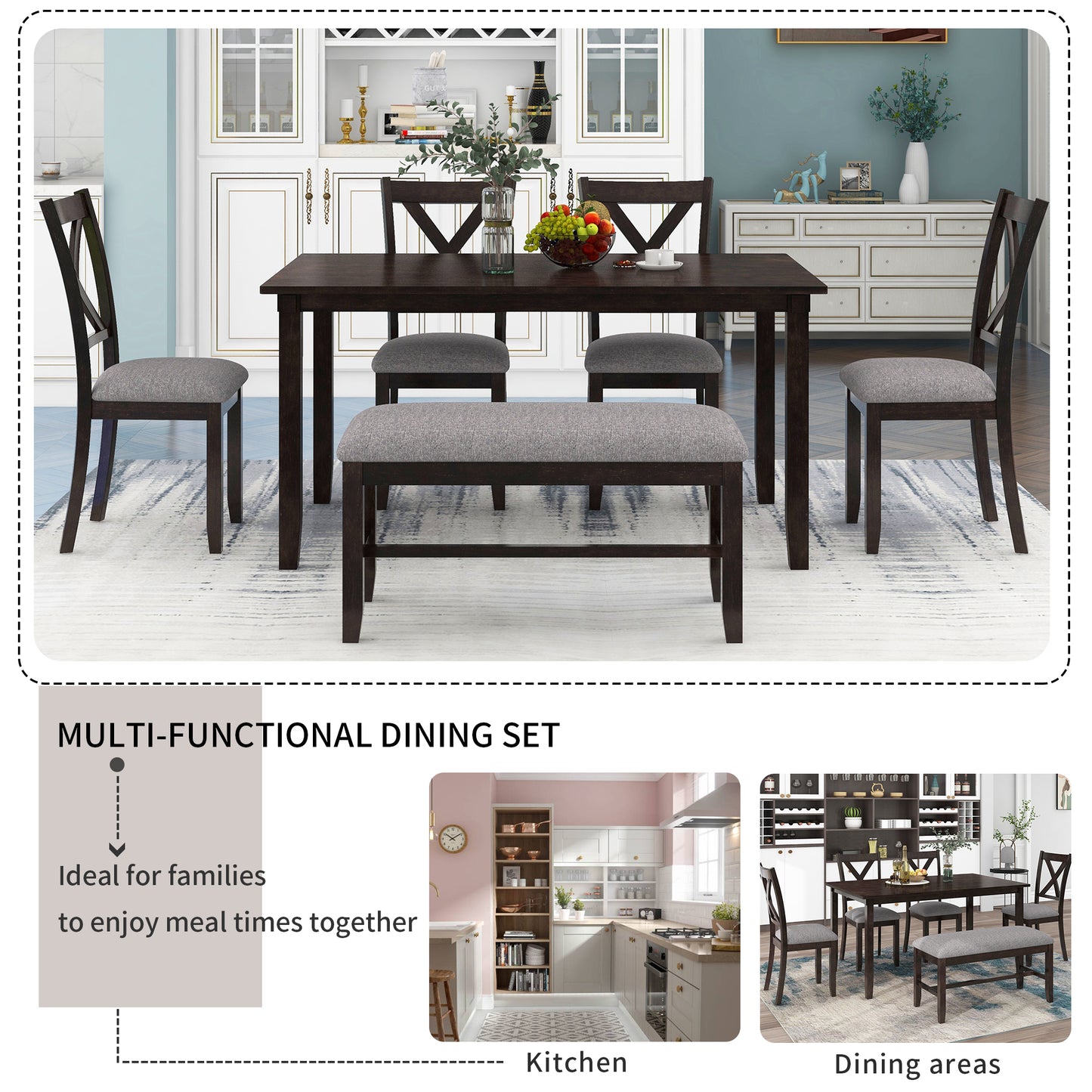 TREXM 6-Piece Kitchen Dining Table Set Wooden Rectangular Dining Table, 4 Fabric Chairs and Bench Family Furniture (Espresso)