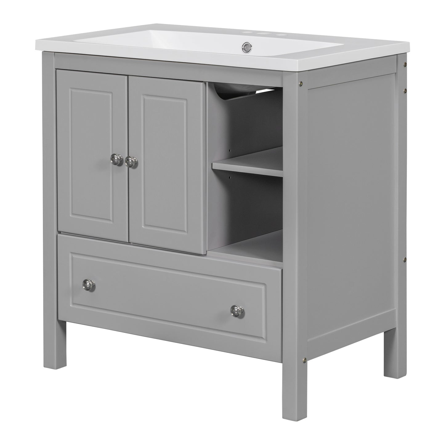 30" Bathroom Vanity with Sink, Bathroom Storage Cabinet with Doors and Drawers, Solid Wood Frame, Ceramic Sink, Grey