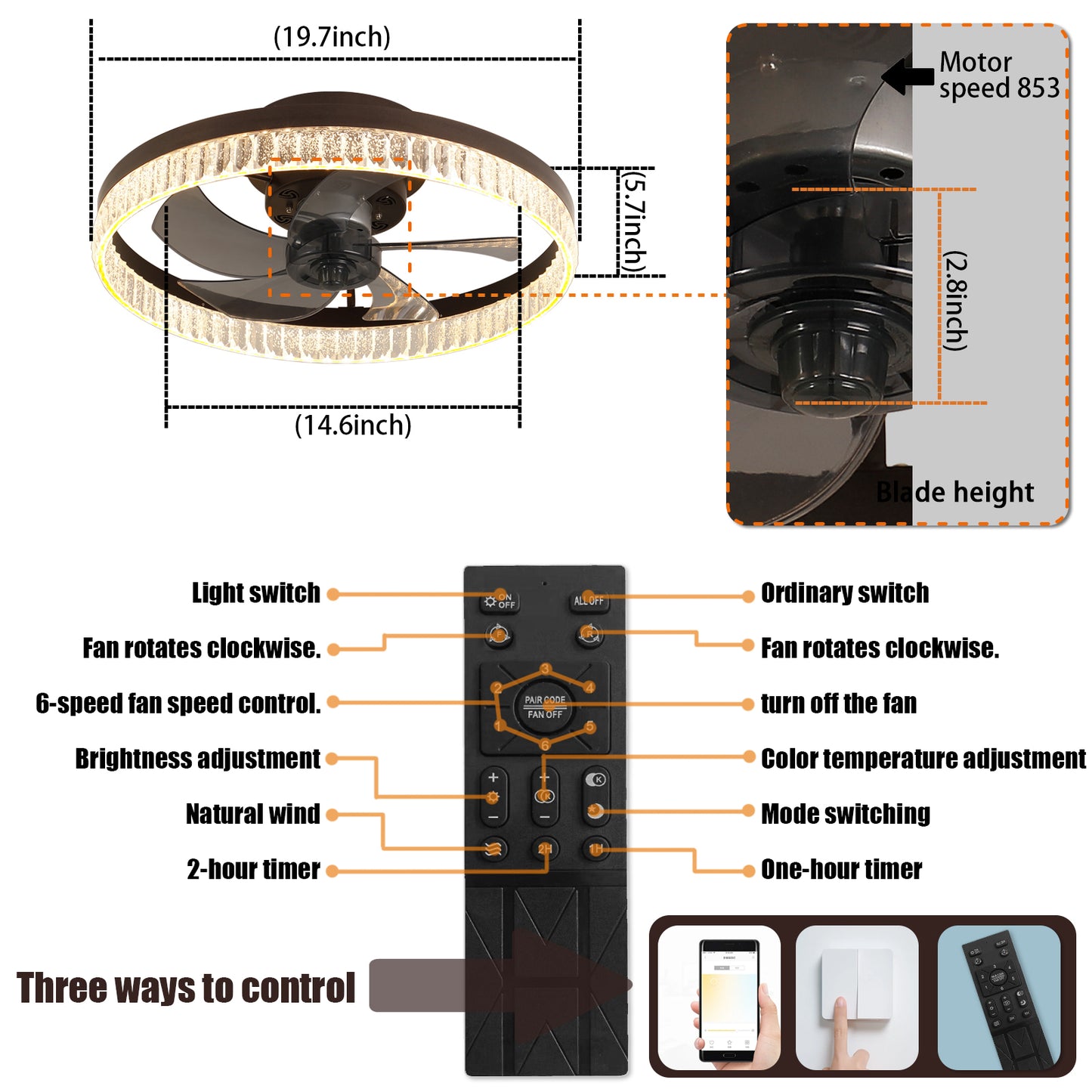 Modern Ring LED Chandelier Ceiling Fan with Remote Control for Bedroom and Living Room