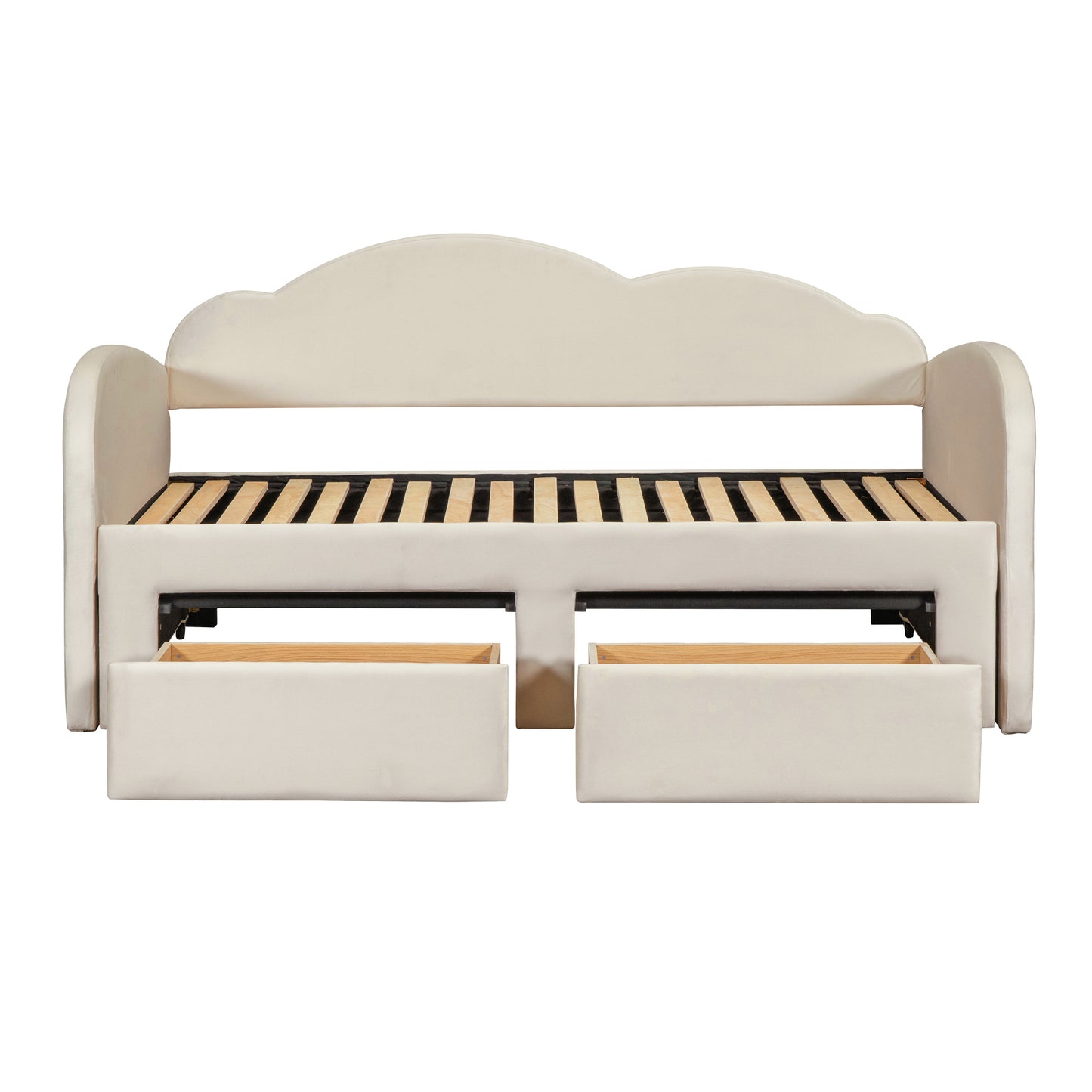 Twin Size Upholstered daybed with Cloud-Shaped Backrest, Trundle & 2 Drawers and USB Ports, Beige