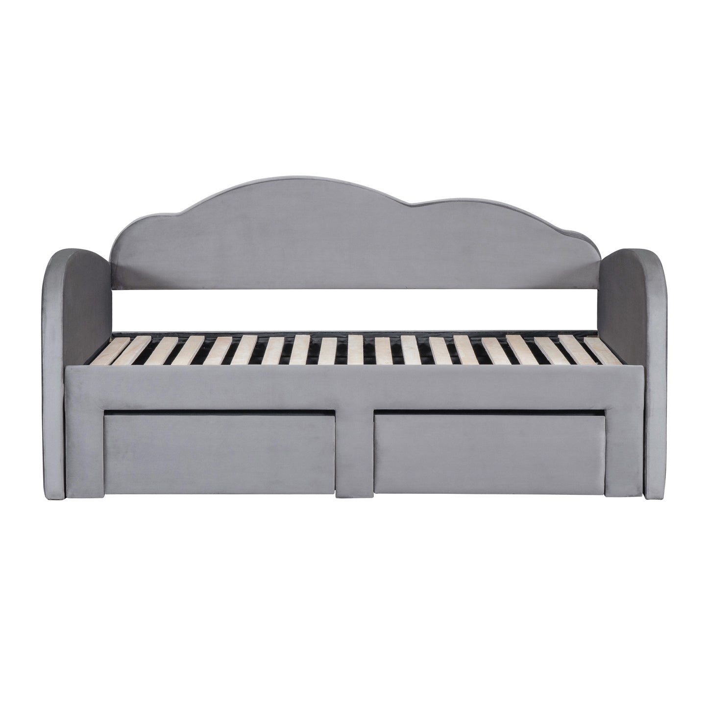 Twin Size Upholstered daybed with Cloud-Shaped Backrest, Trundle & 2 Drawers and USB Ports, Gray