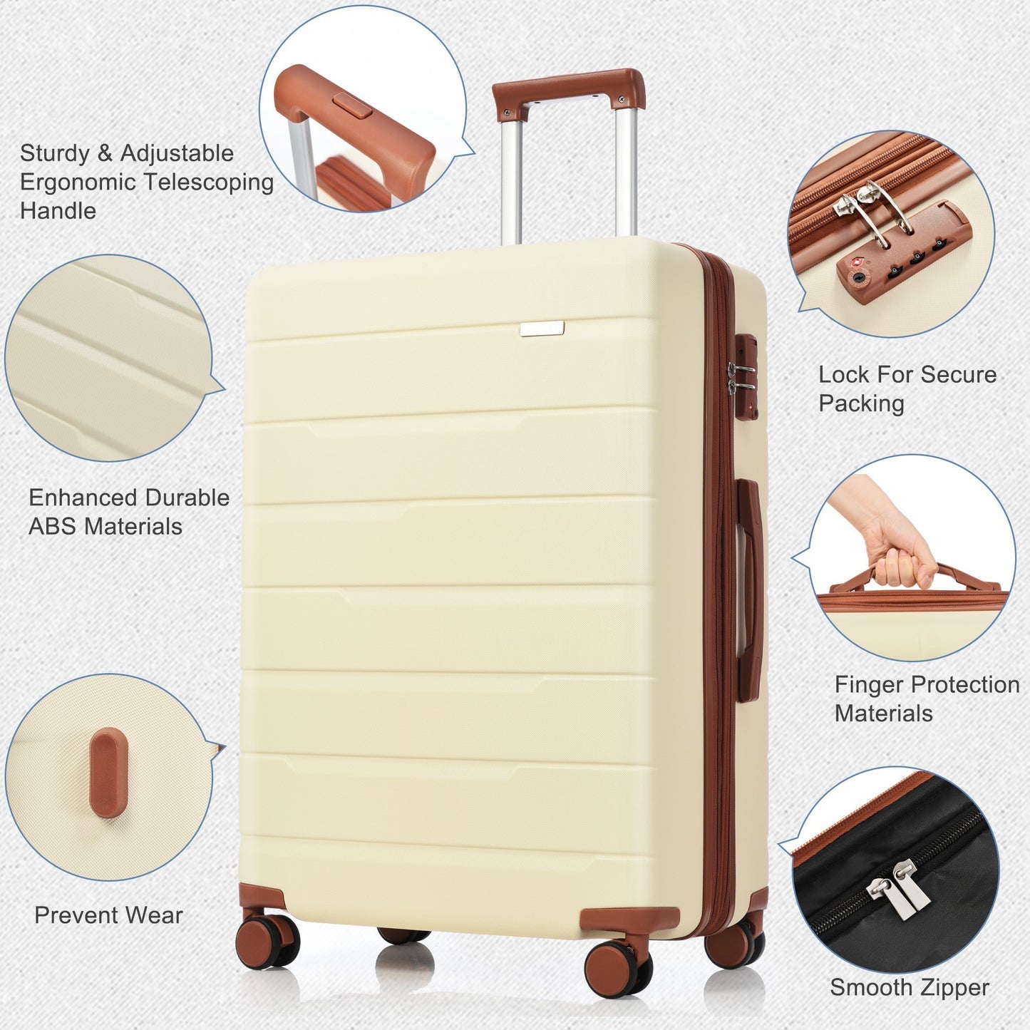 Luggage Sets 3 Piece Suitcase Set 20/24/28,Carry on Luggage Airline Approved,Hard Case with Spinner Wheels,Beige and Brown