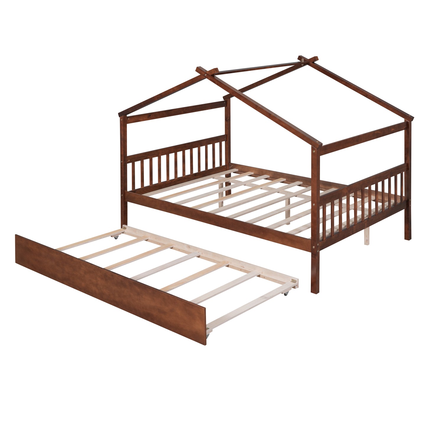 Full Size Wooden House Bed with Twin Size Trundle, Walnut