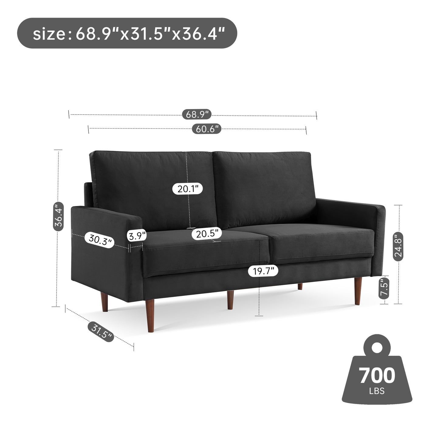 Black Modern Upholstered Velvet Loveseat Sofa with Solid Wooden Frame