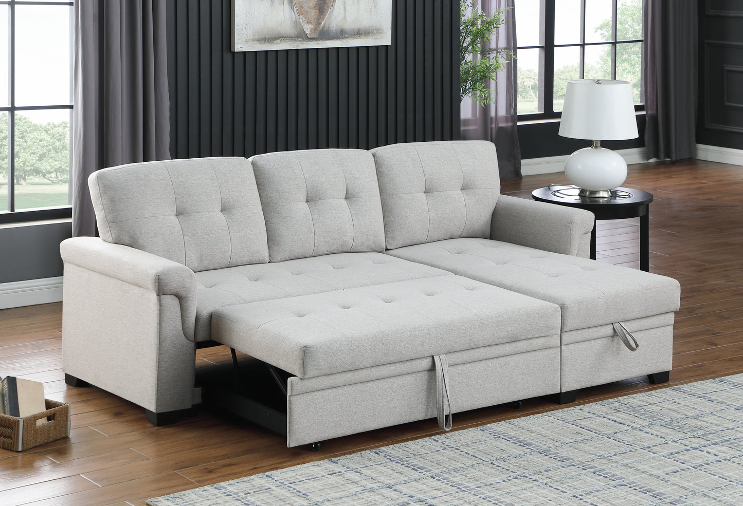 Lucca Light Gray Linen Sofa Bed with Reversible Storage Chaise