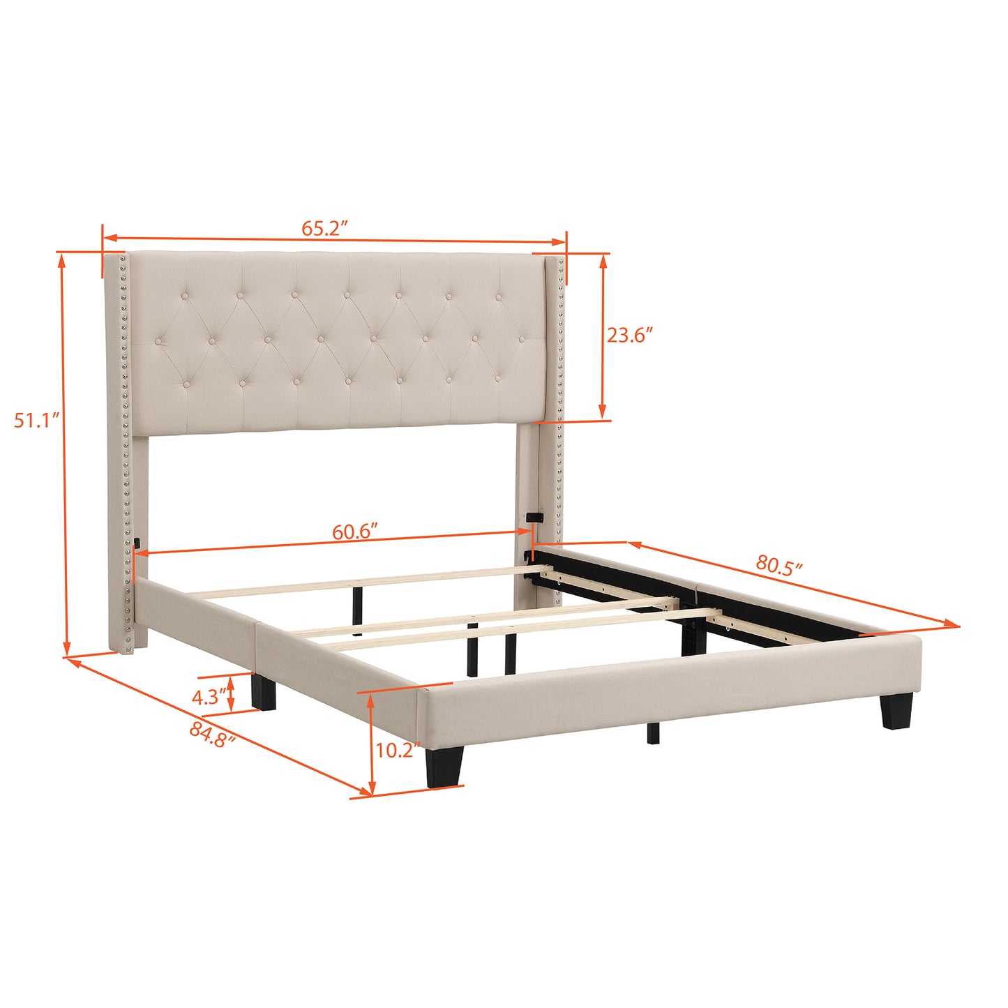 Upholstered Platform Bed with Classic Headboard, Box Spring Needed, Beige Linen Fabric, Queen Size