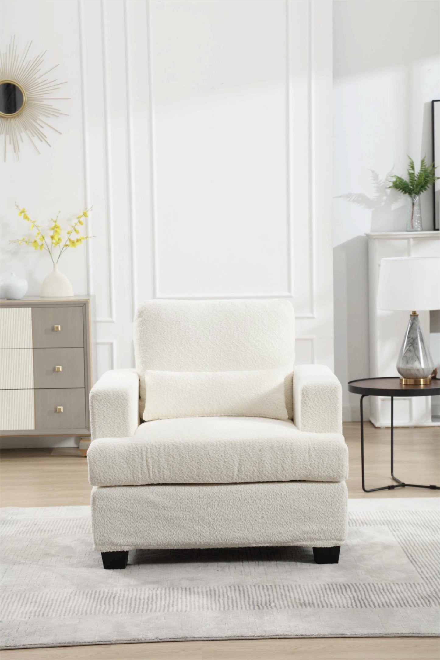 Contemporary 37 Modern Chair with Square Armrest, Removable Back Cushion, and Waist Pillow (White & Gray Fabric)