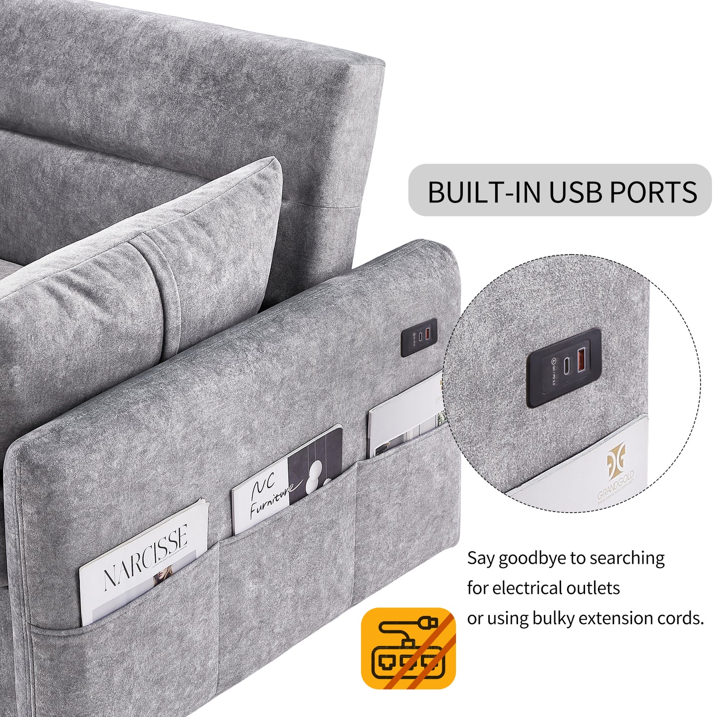 Adjustable Grey Loveseat Sofa Bed with USB Ports and Storage Pockets