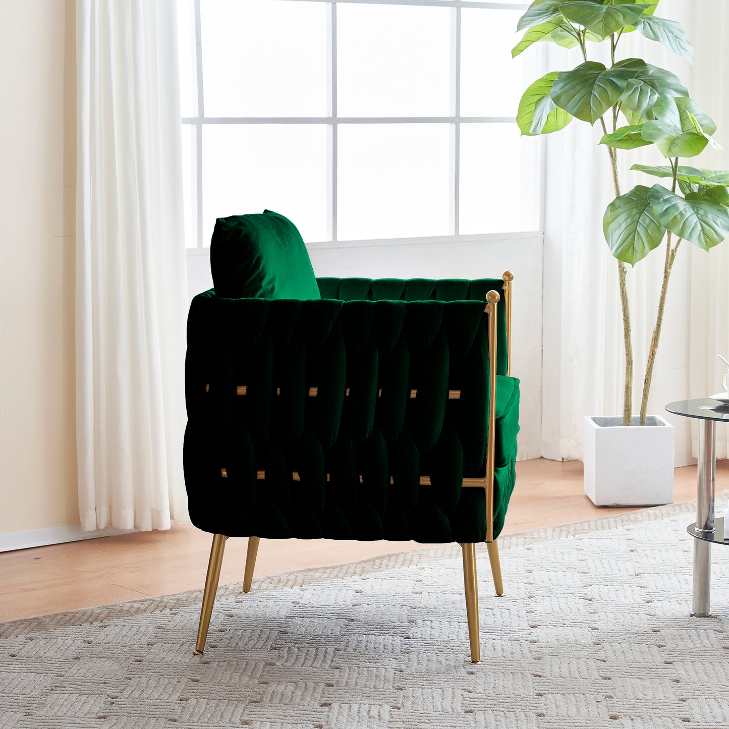 Modern Comfy Handmade Bucket Woven Velvet Accent Chair Arm Chair, Fluffy Tufted Upholstered Single Sofa Chair for Living Room, Bedroom, Office, Waiting Room , Green Velvet