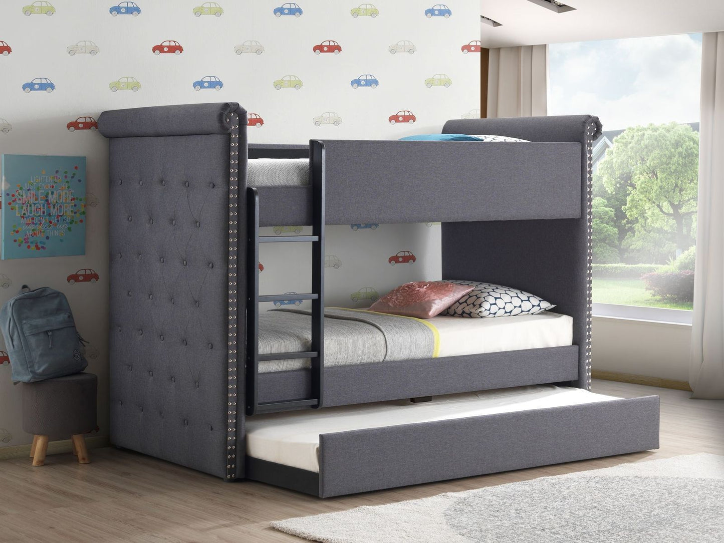 Gray Fabric Romana II Twin Over Twin Bunk Bed Set with Trundle