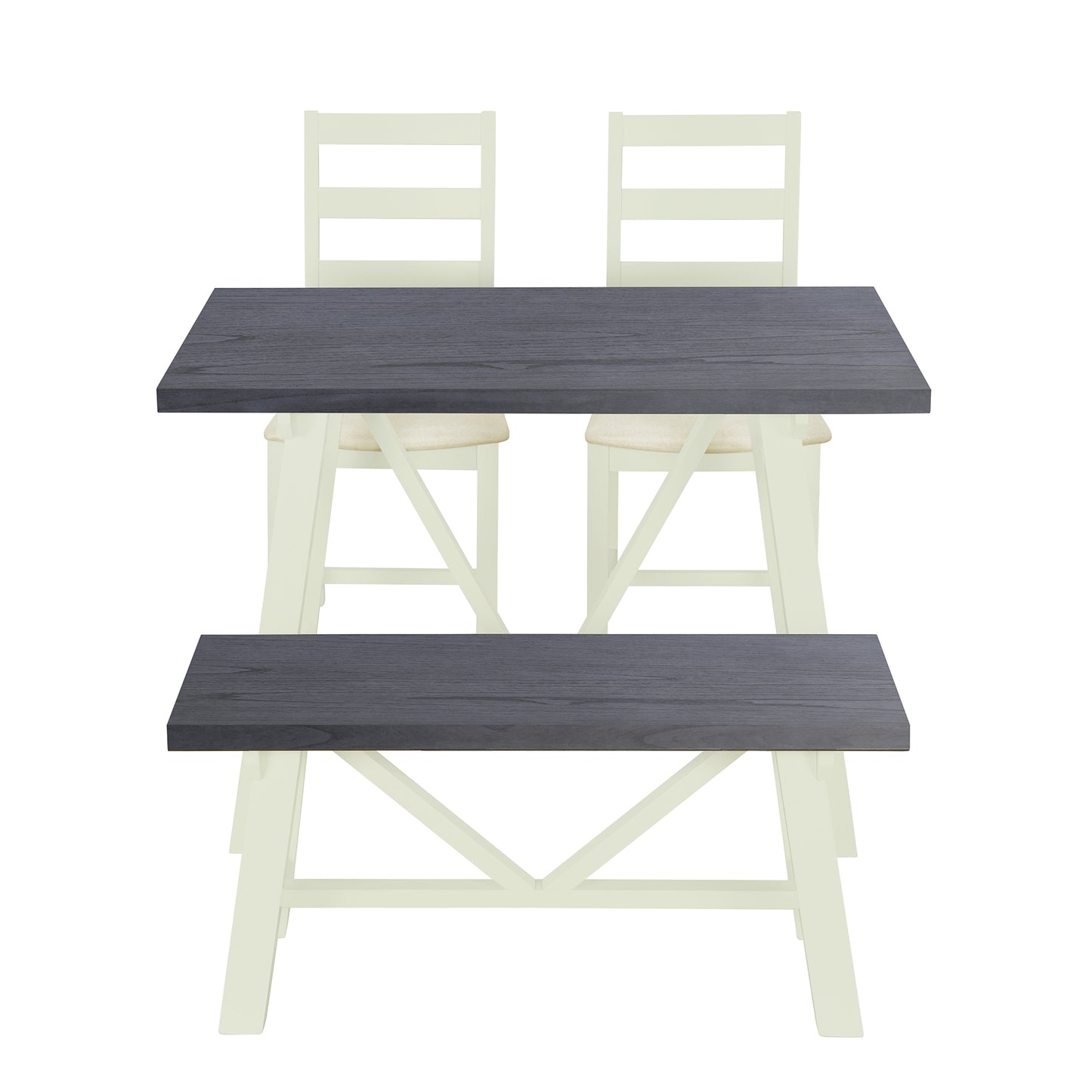 Farmhouse 4-Piece Dining Table Set Solid Wood Kitchen Table Set with Bench for Small Places,Grey+Butter Milk