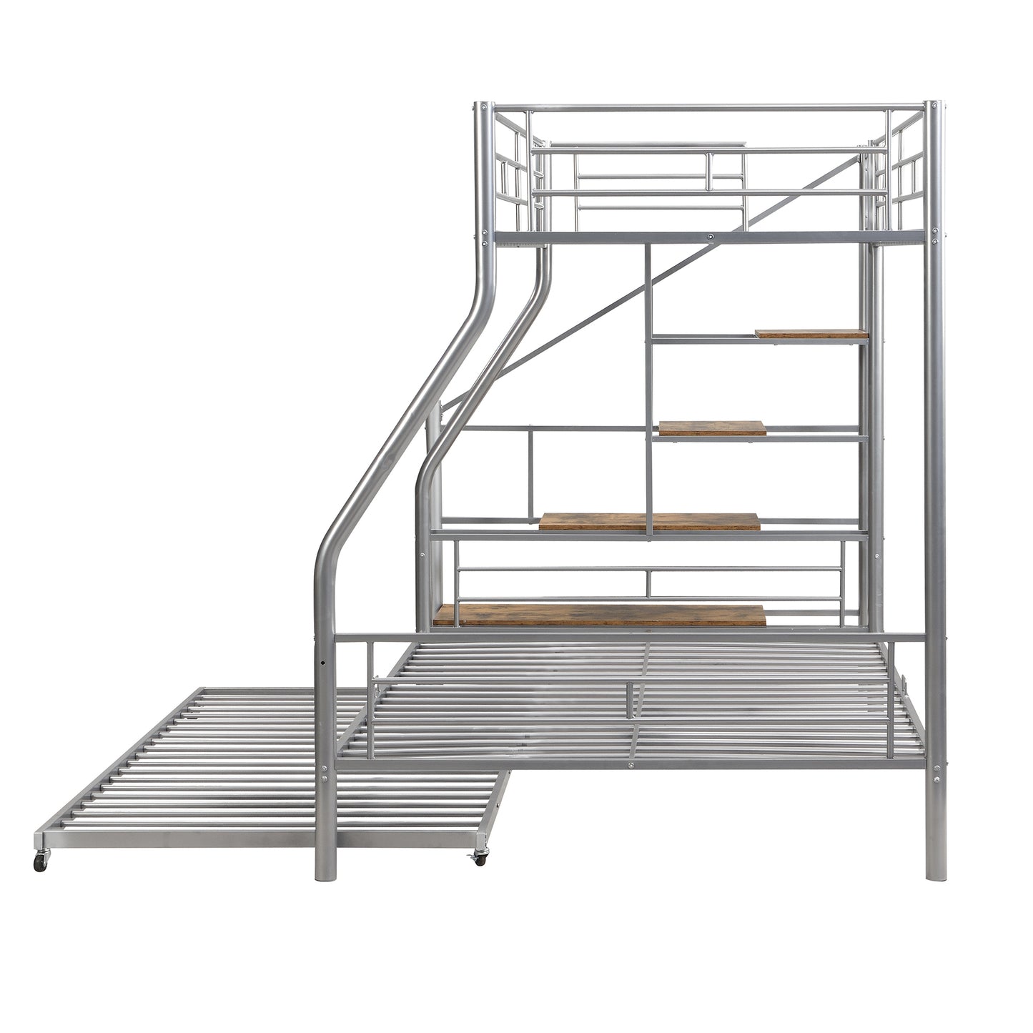 Silver Metal Bunk Bed with Trundle and Storage Staircase