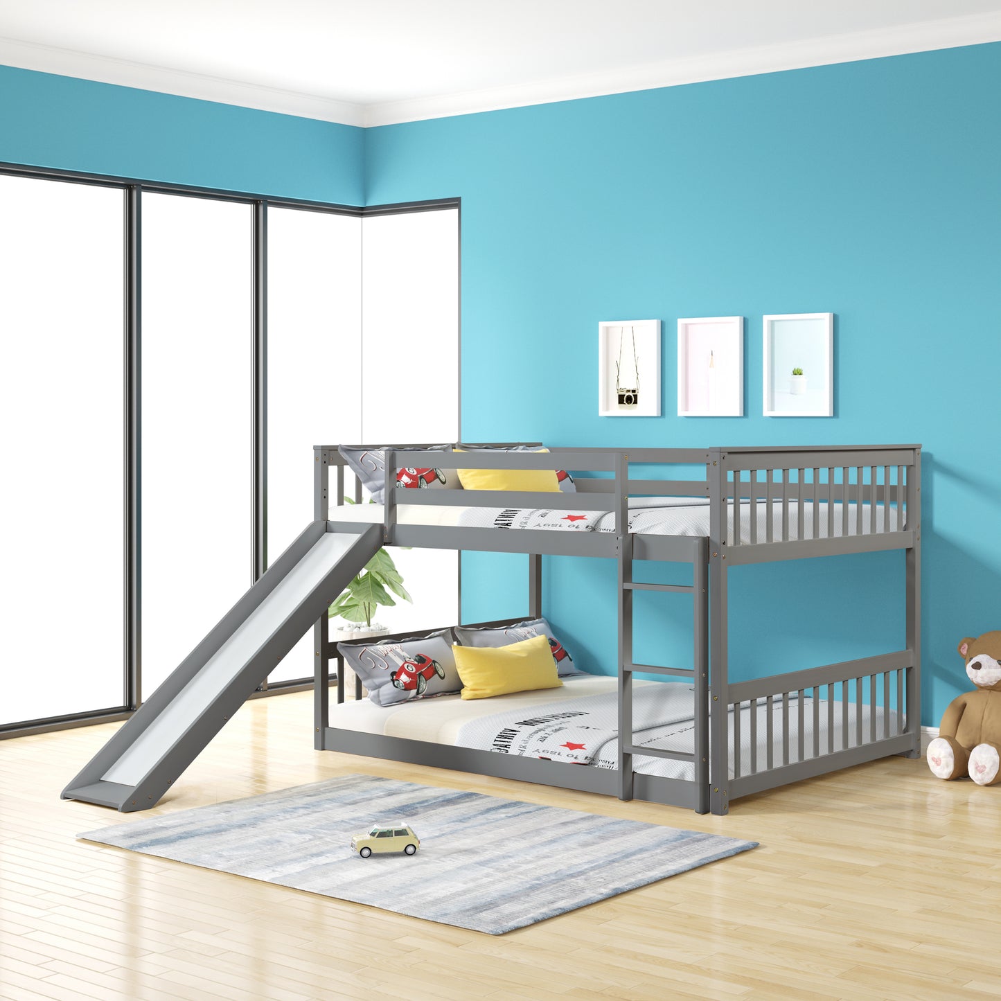 Grey Bunk Bed with Slide, Ladder, and Modern Design