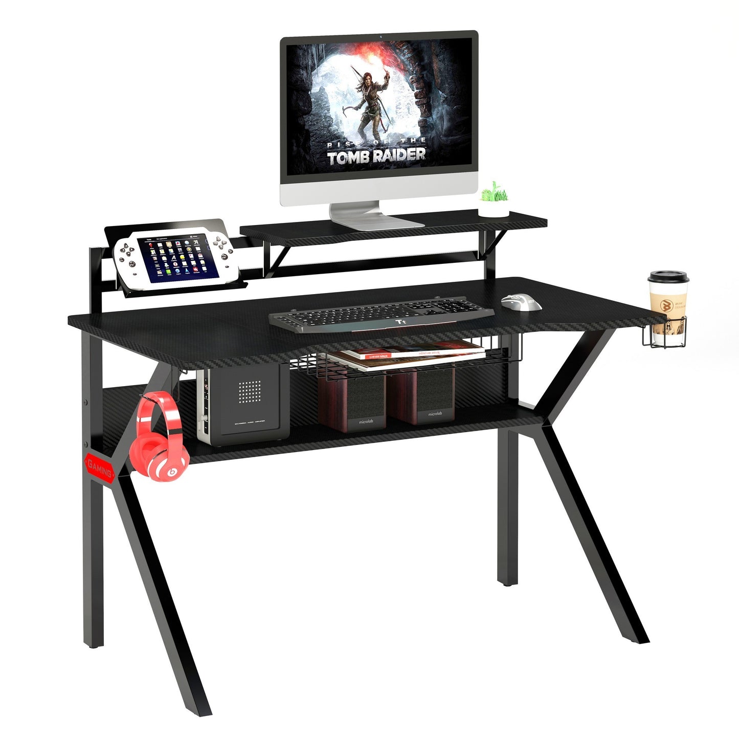 Sleek Gaming Desk with Innovative Design and Carbon Fiber Shelves