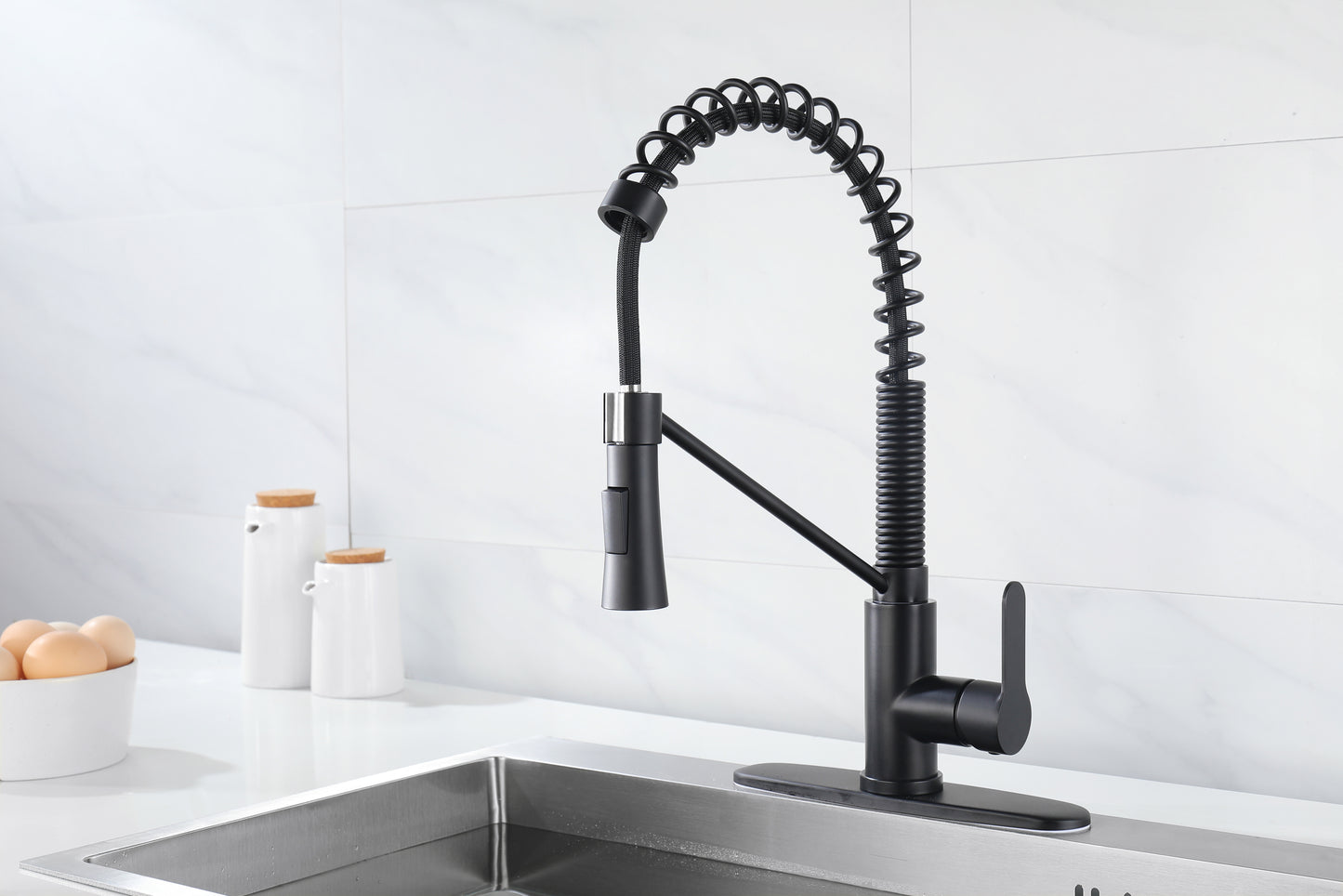 Matte Black Kitchen Faucet with Soap Dispenser Single Handle Kitchen Sink Faucet with Pull Down Sprayer Utility Sink Faucet Single Hole for Laundry Sink Stainless Steel 1.8 GPM