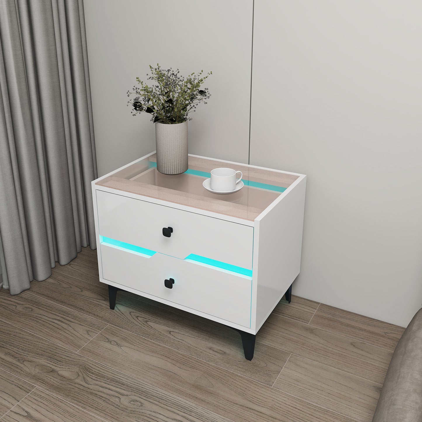 Smart Bedside Table, Nightstand with LED Light Nightstand Modern White High Gloss Bedside Table with 2 Storage Drawers for Bedroom Wooden Smart Side Table End Table with LED Lights (White)