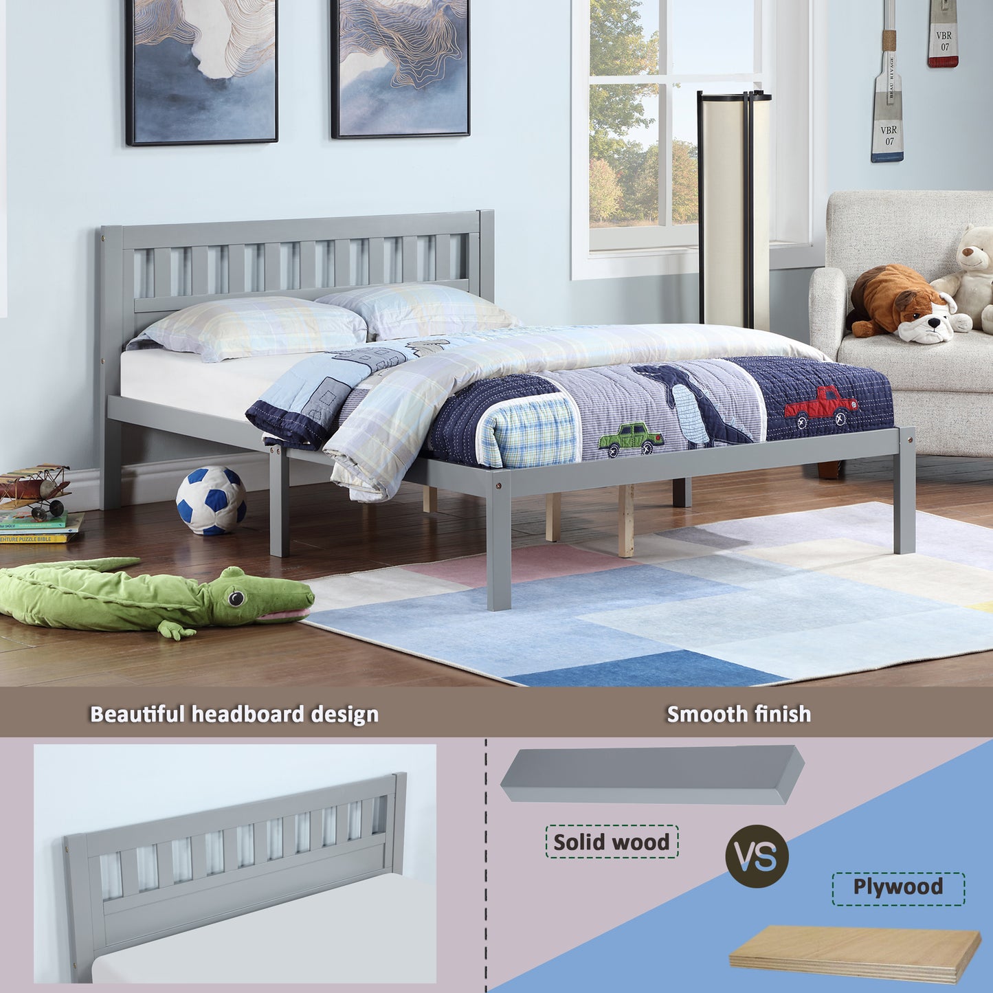 Full Size Bed, Wood Platform Bed Frame with Headboard For Kids, Slatted, Gray