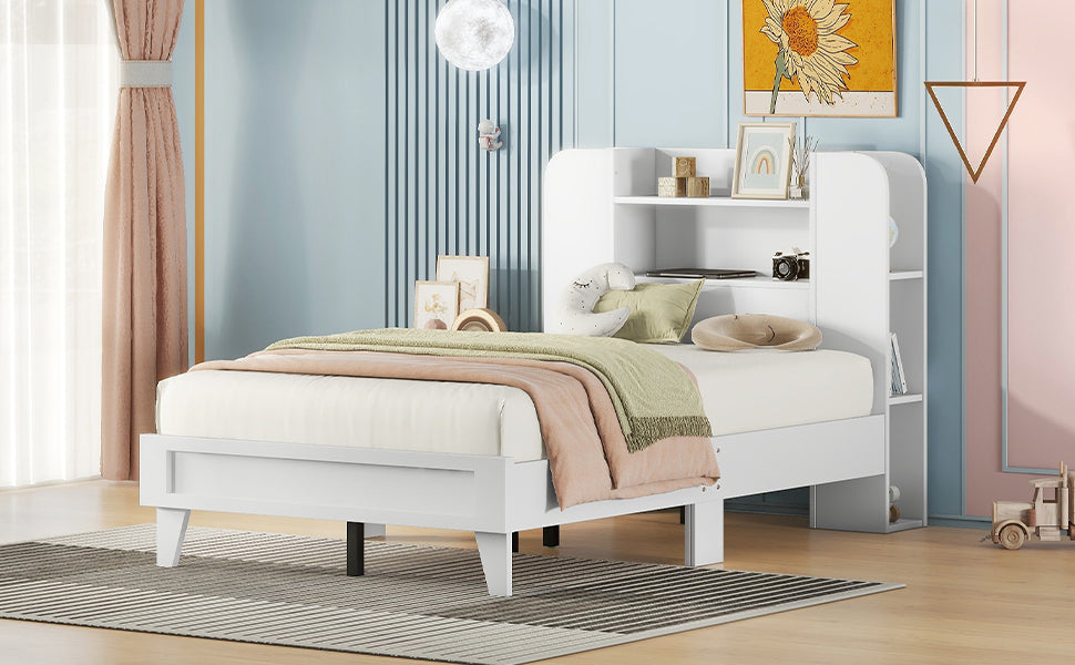 Twin Size Platform Bed with Storage Headboard,Multiple Storage Shelves on Both Sides,White