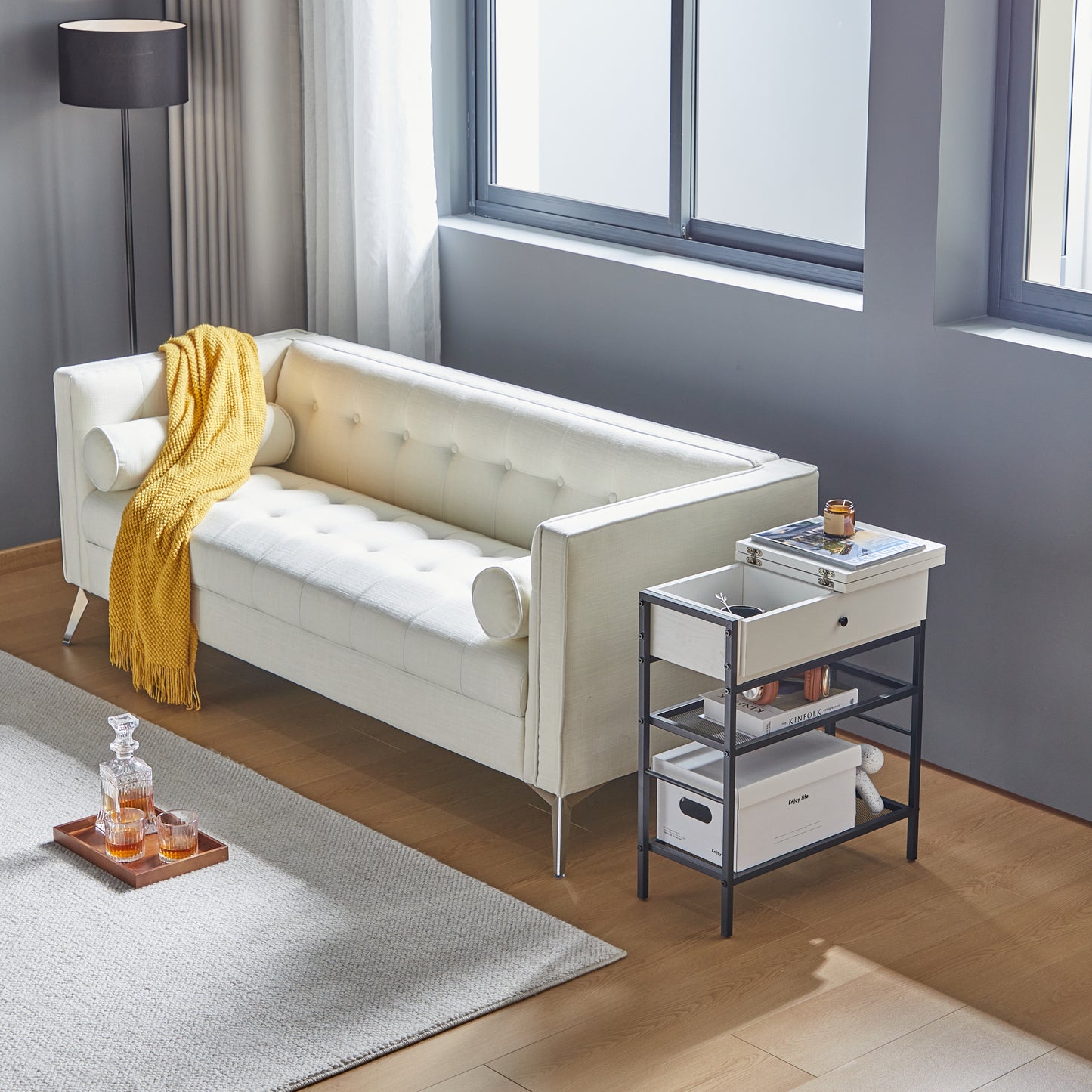 Sleek White End Table with Charging Station for Living Room and Bedroom