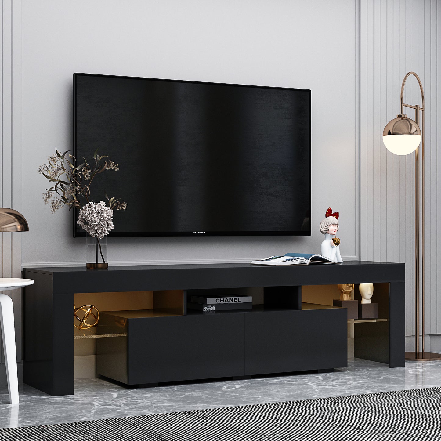 Sleek Black TV Stand with 20 Color LED Lights and Remote Control