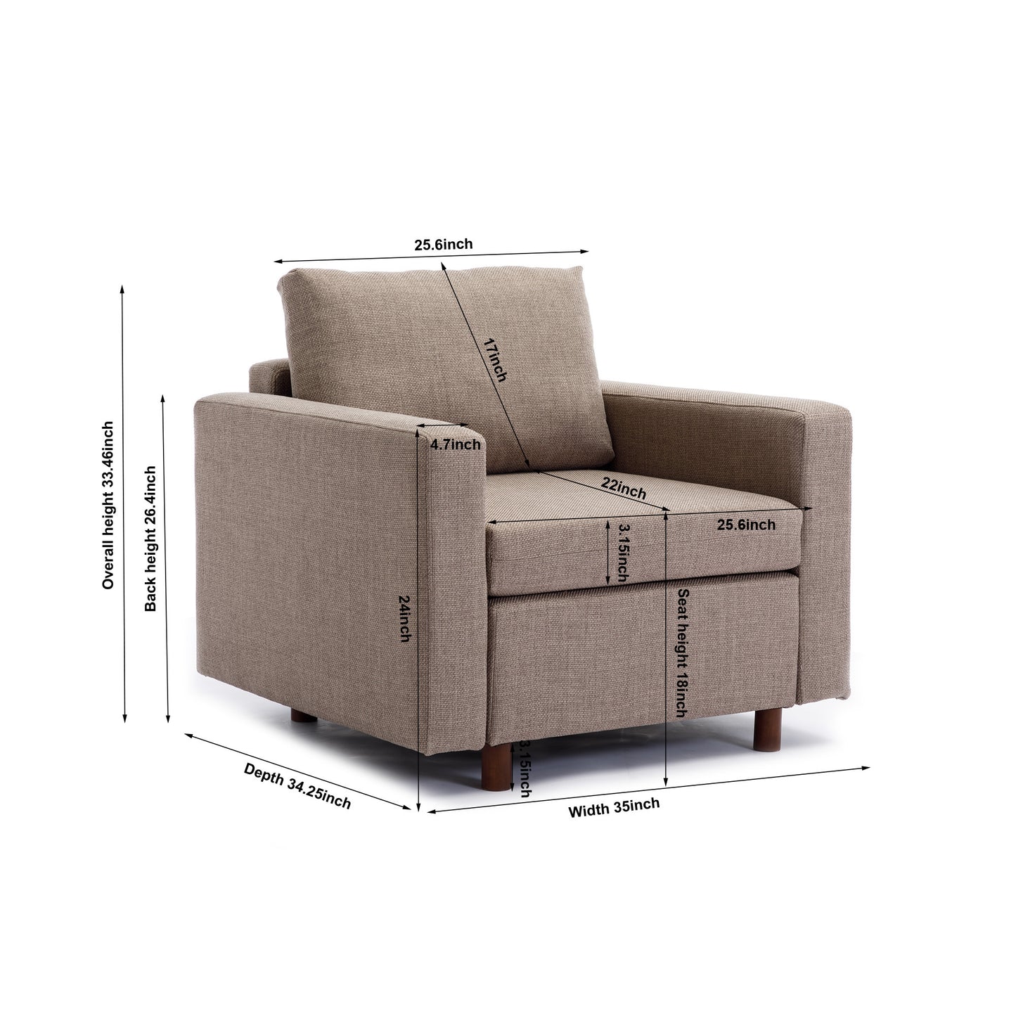 Single Seat Module Sofa Sectional Couch With Armrest With 1 Ottoman,Cushion Covers Non-removable and Non-Washable,Brown