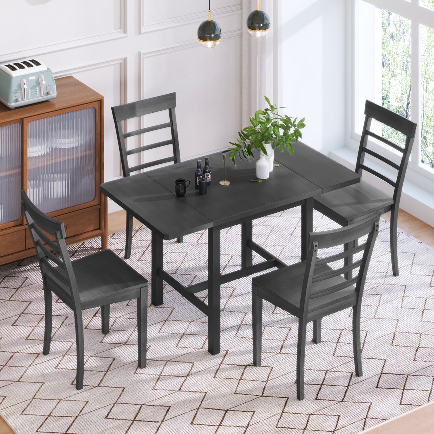 5-Piece Wood Square Drop Leaf Breakfast Nook Extendable Dining Table Set with 4 Ladder Back Chairs for Small Places, Gray