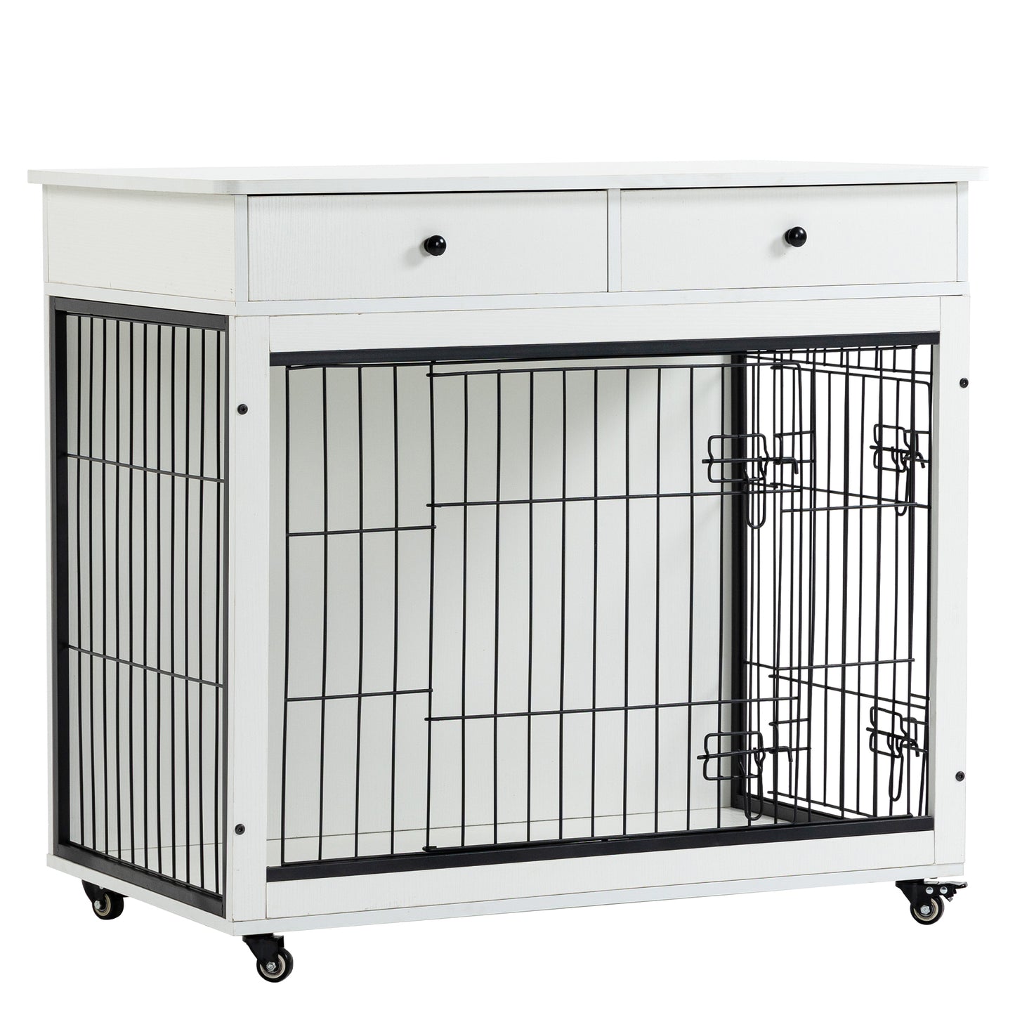 Dog Crate Furniture, Wooden Dog House, Decorative Dog Kennel with Drawer, Indoor Pet Crate End Table for Small Dog, Steel-Tube Dog Cage, Chew-Proof, White 31.7" L×23.2" W×33" H