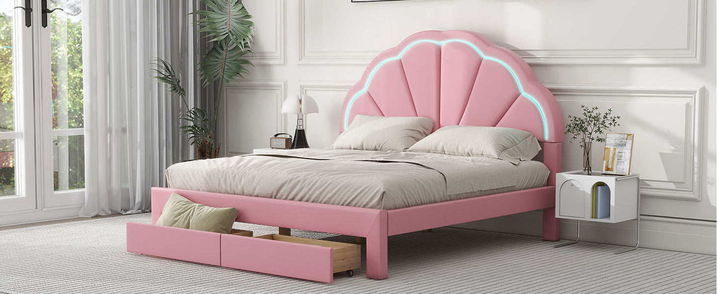 Queen Size Upholstered Platform Bed with Seashell Shaped Headboard, LED and 2 Drawers, Pink