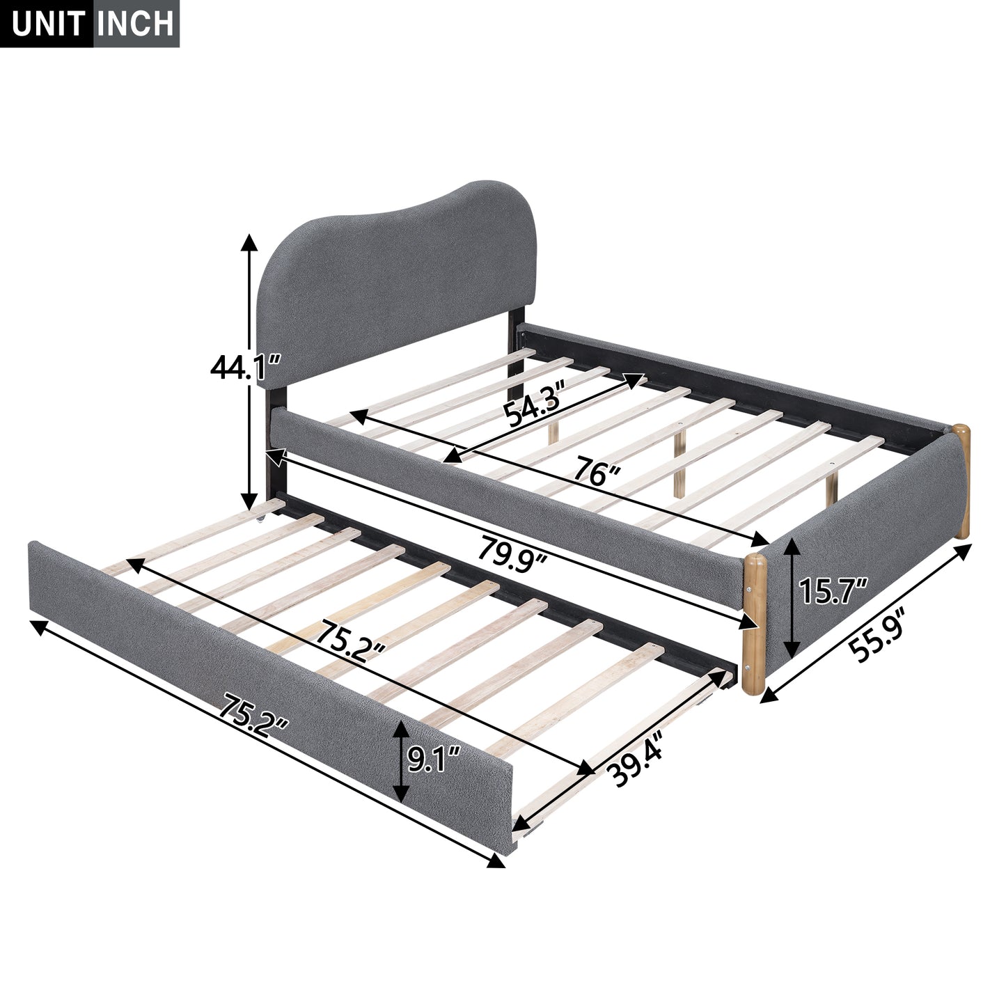 Full Size Upholstered Platform Bed with Wood Supporting Feet and Twin Size Trundle, Gray