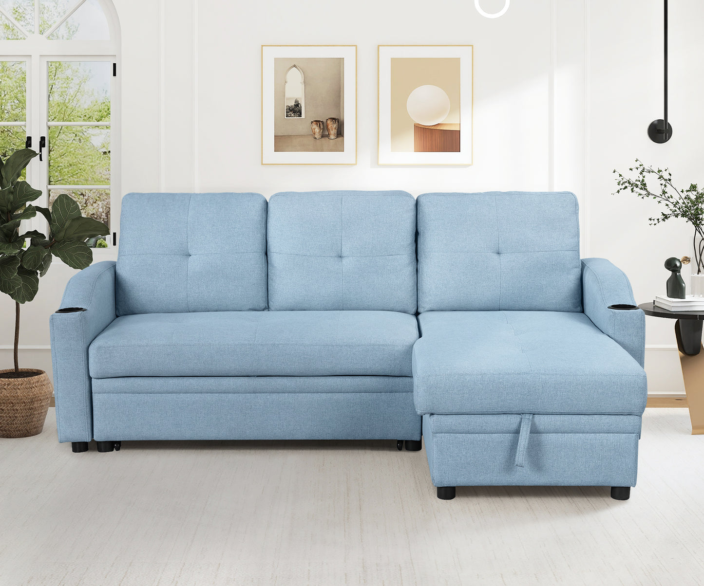 Orisfur Pull Out Sofa Bed with Storage Chaise and Cup Holder