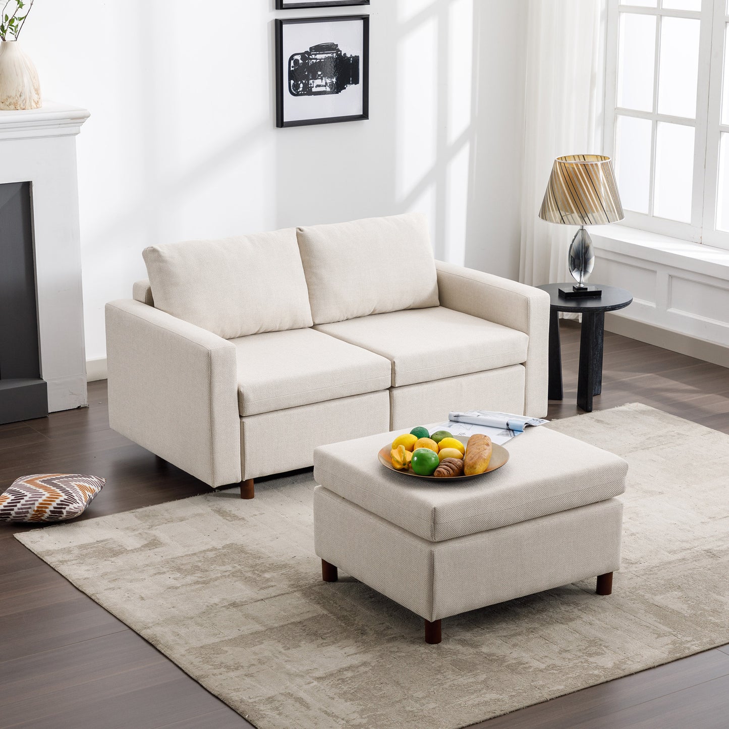 2-Seater Modular Sectional Sofa Couch with Ottoman, Cream Linen Upholstery