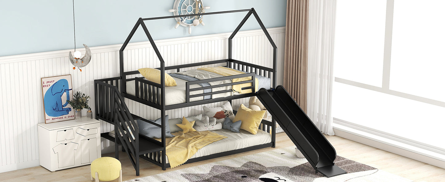 Kids Black Metal Twin Bunk Bed House with Slide and Storage Staircase