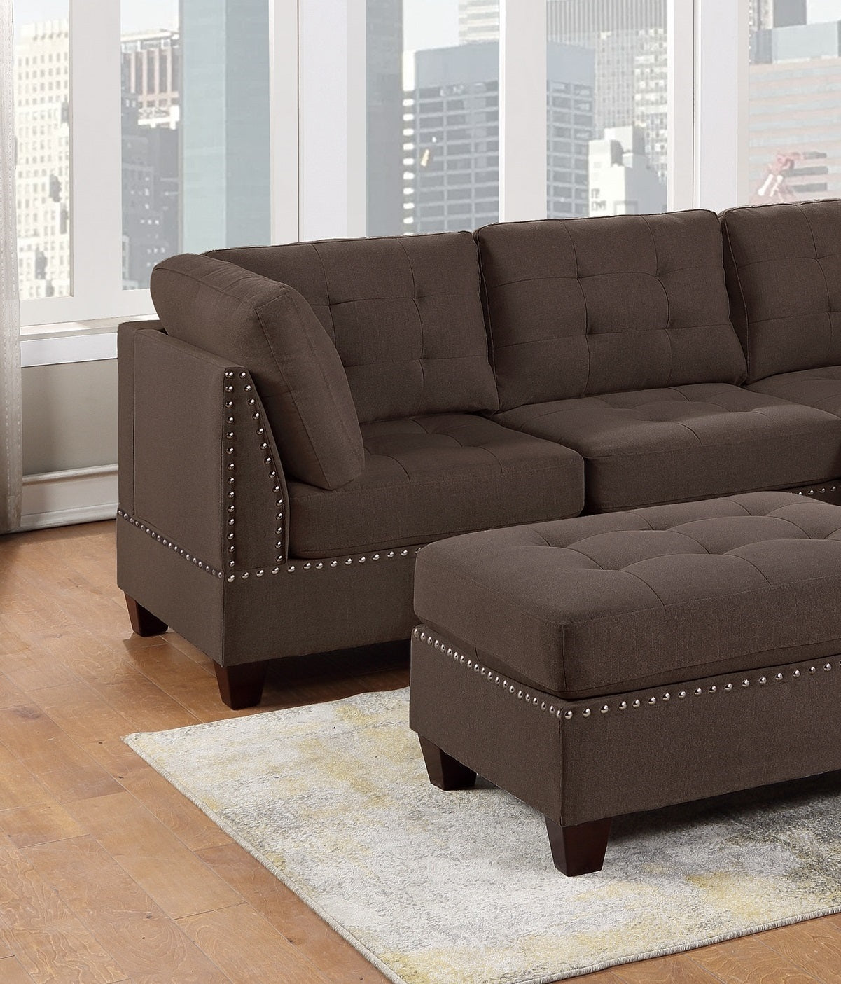 7-Piece Black Coffee Linen Modular Sectional Set with Tufted Nailhead Details