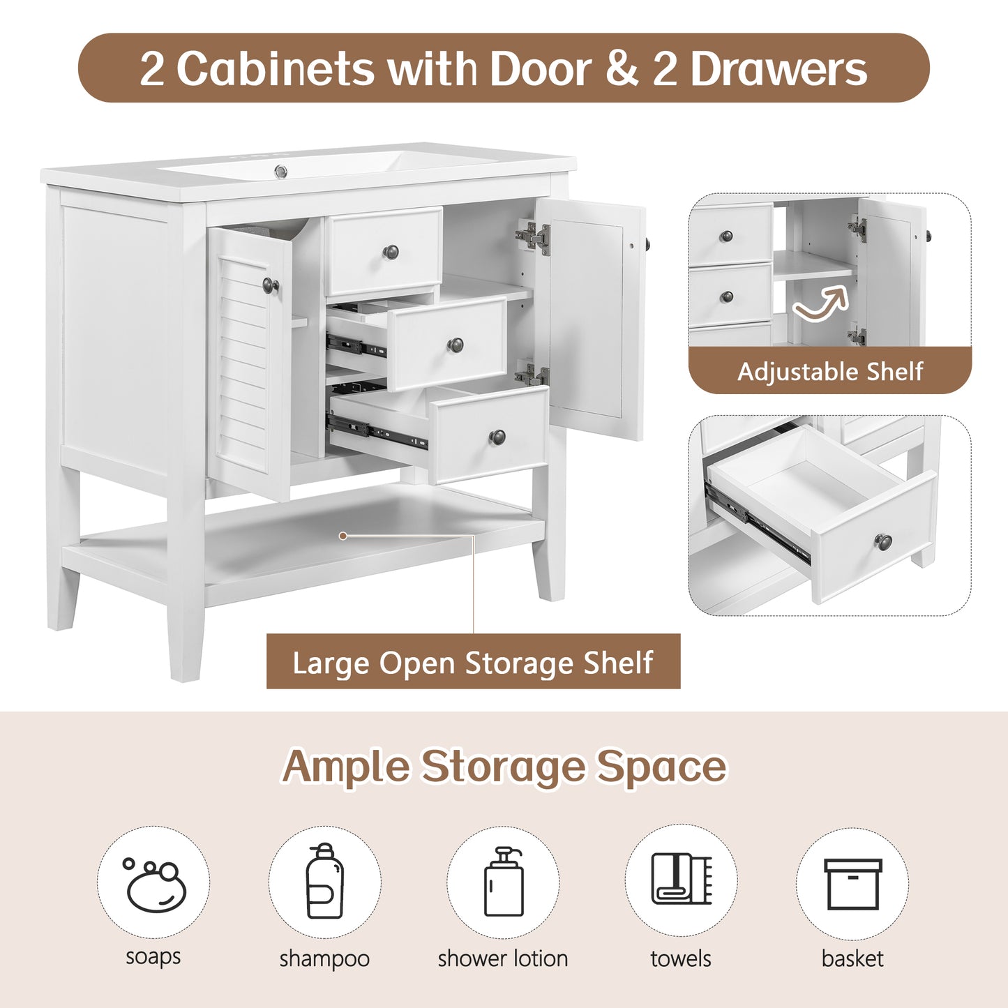 36" Bathroom Vanity with Ceramic Basin, Two Cabinets and Drawers, Open Shelf, Solid Wood Frame, White