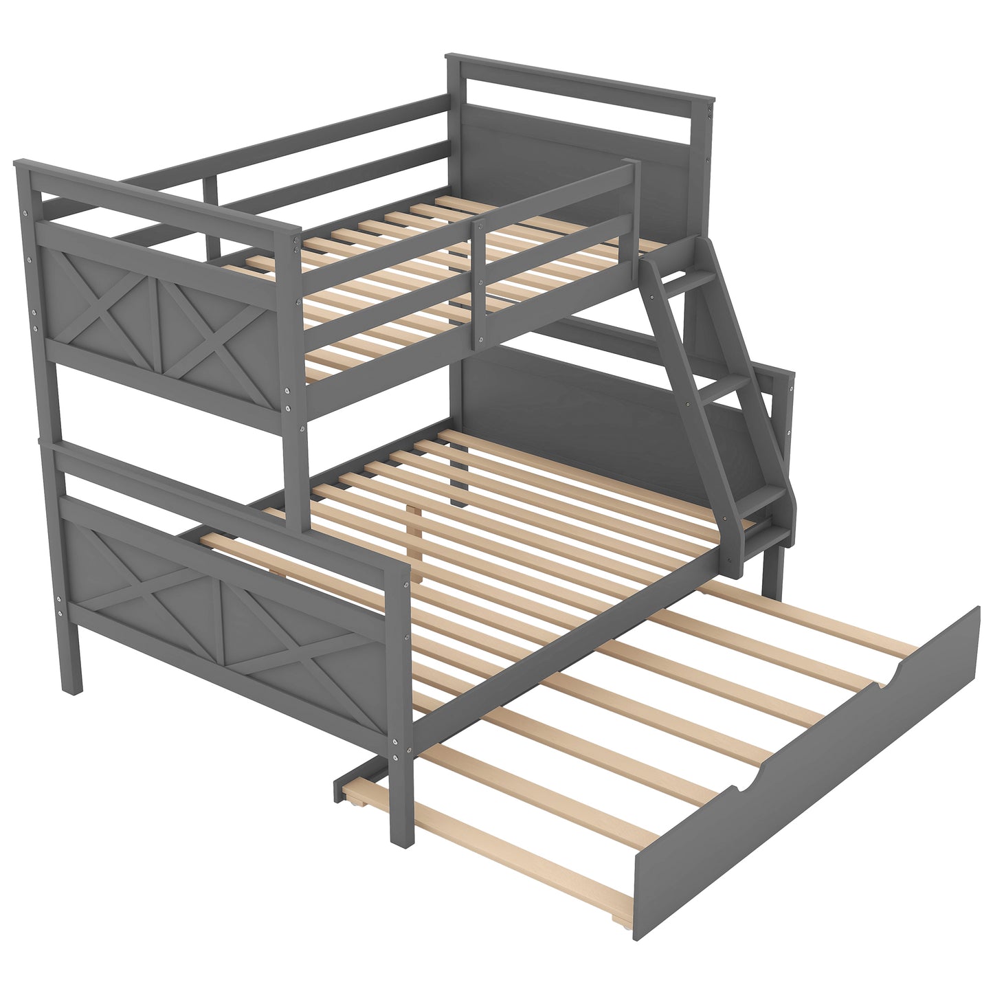 Triple Sleeper Bunk Bed with Trundle, Guardrail, Ladder, and Gray Finish