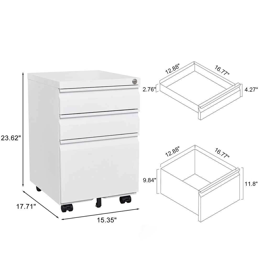 Mobile 3-Drawer Filing Cabinet with Lock, White Metal Office Storage for Legal/Letter Size Files