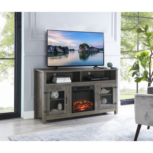 Industrial Style Electric Fireplace TV Stand with Storage Cabinet, Fits up to 65 Flat Screen TV, Grey