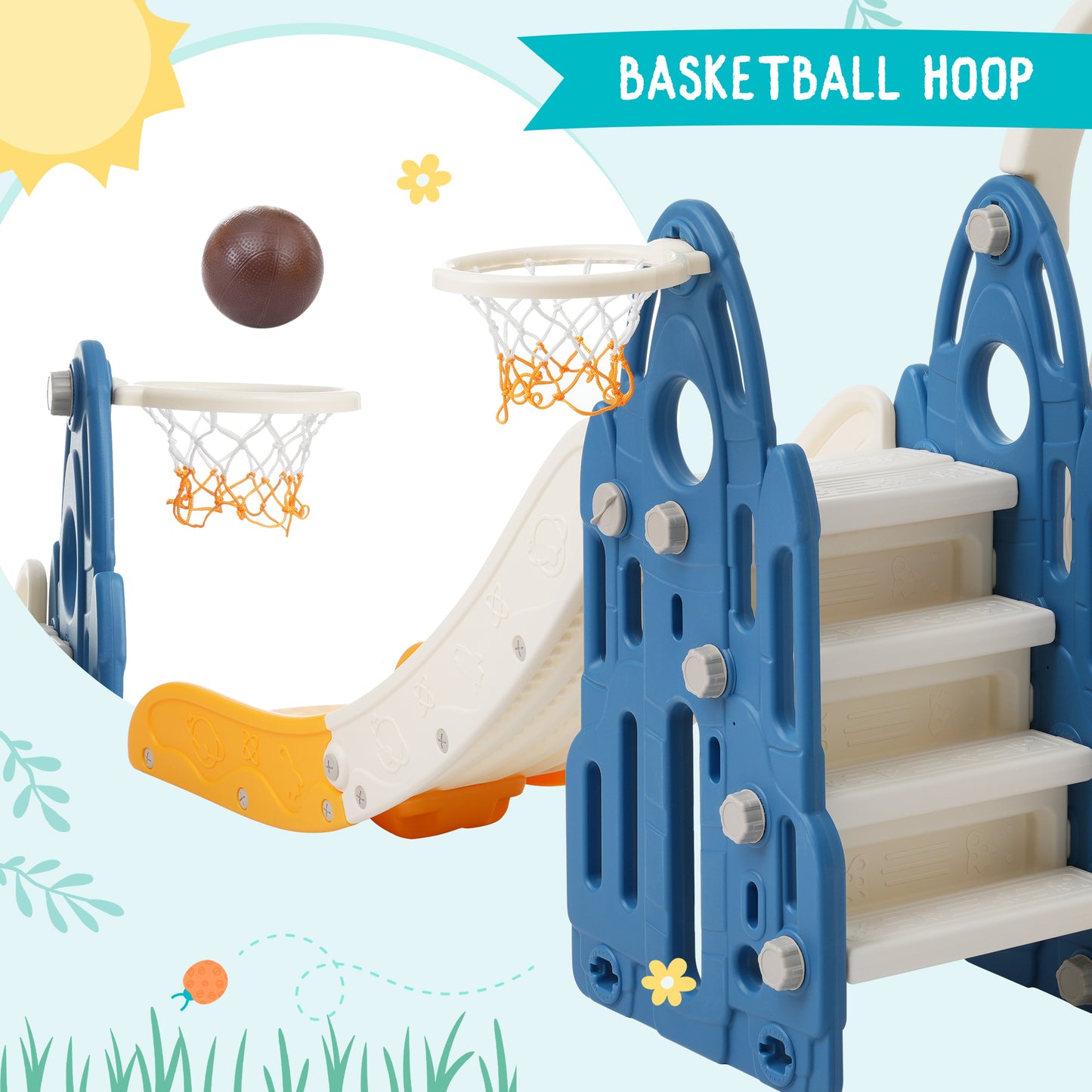 4-in-1 Toddler Playground Climber, Slide, Swing Set with Basketball Hoop