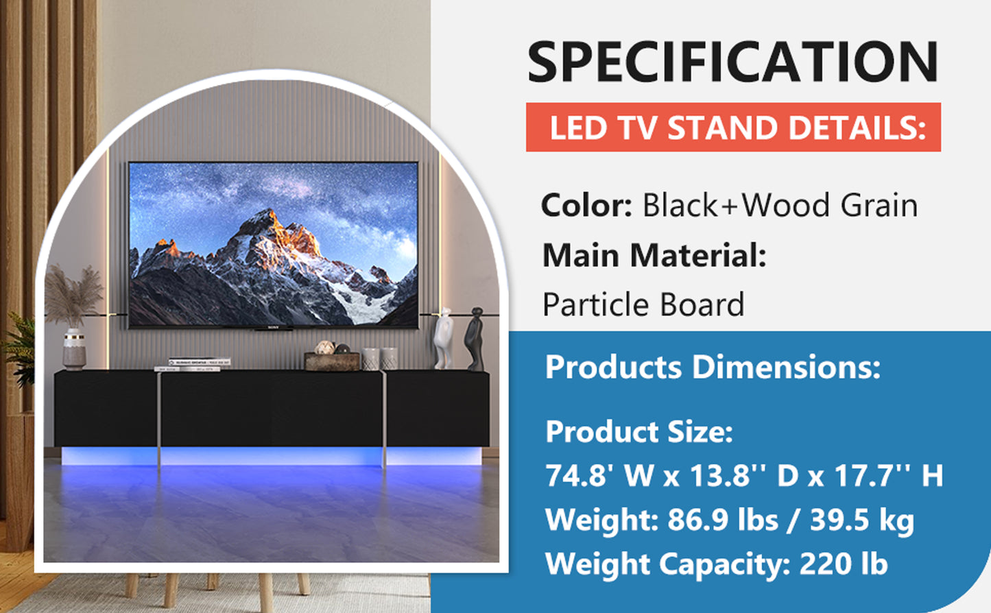 Modern Black TV Console with LED Lights and Storage Cabinets for 75 TV