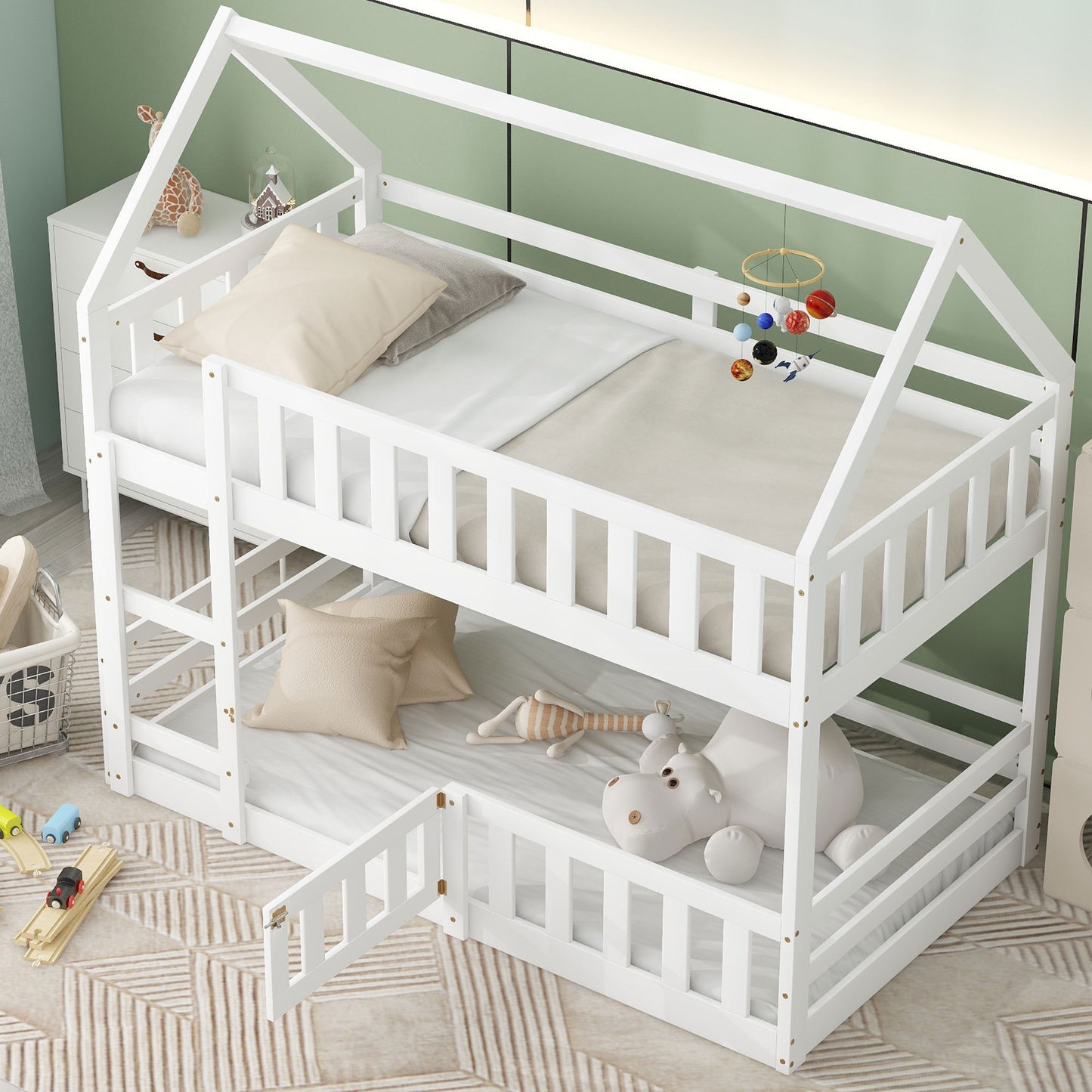 Enchanted White Twin over Twin House Bunk Bed with Playful Fence and Entryway