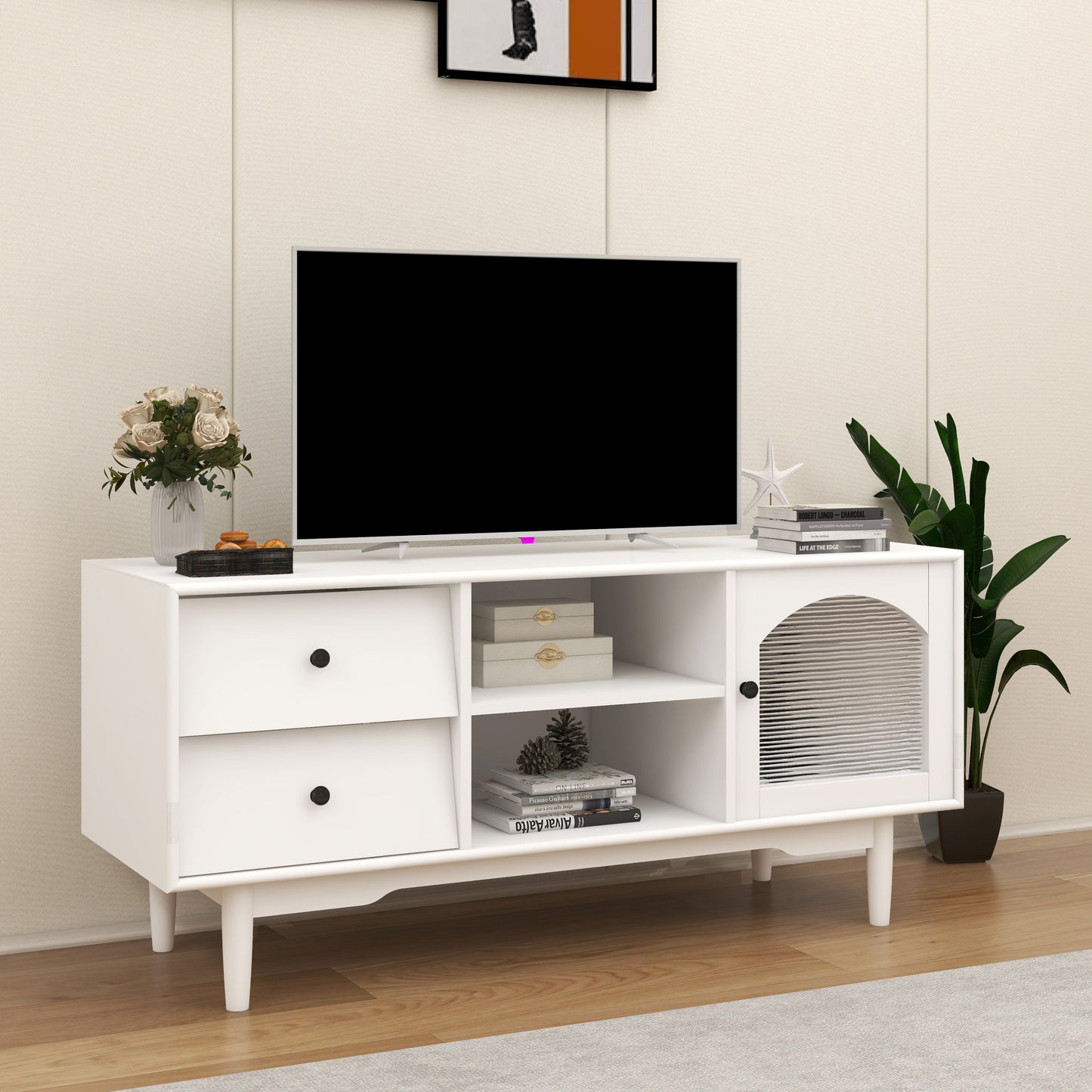 White TV Stand with Drawers, Shelves, and Glass Cabinet for Living Room Storage